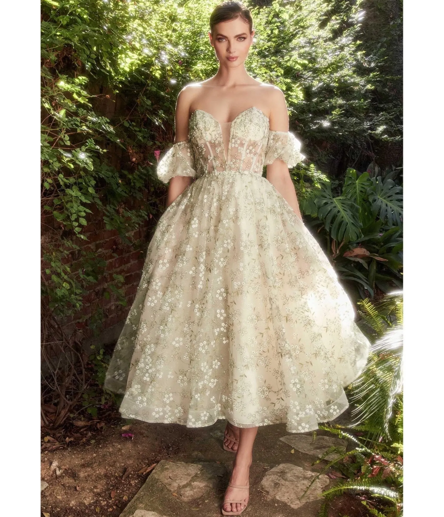 Unique Vintage Cinderella Divine Green Romantic Floral Organza Tea Length Bridesmaid Gown Outlet
