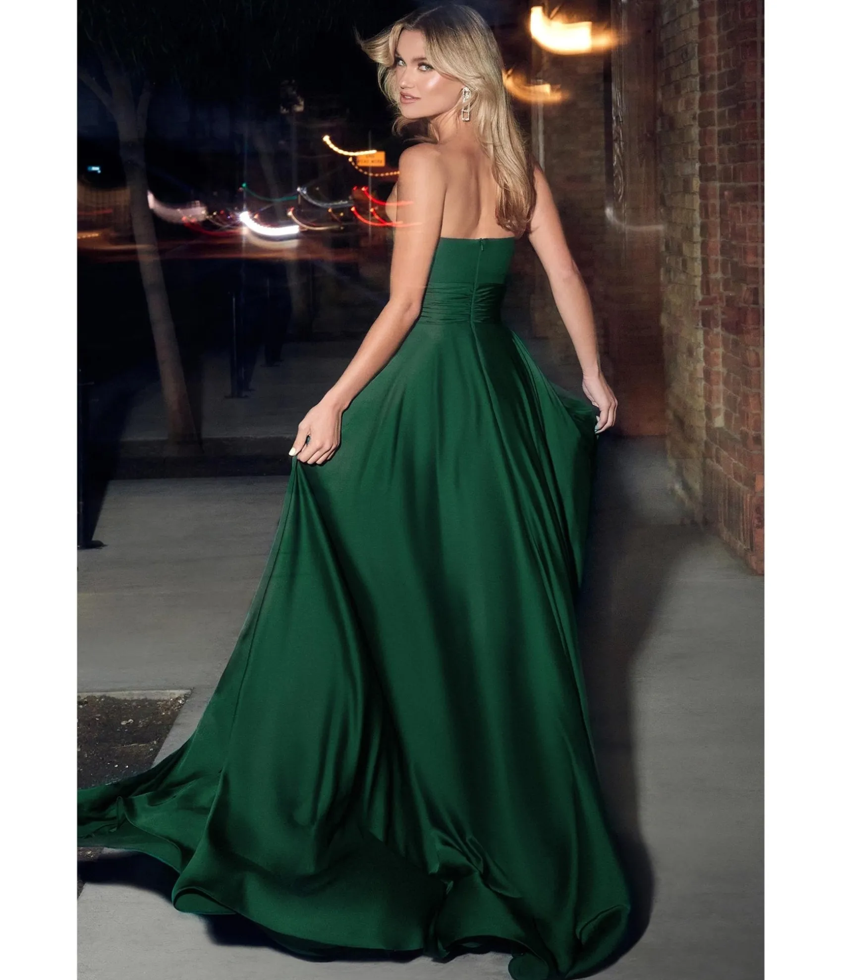 Unique Vintage Cinderella Divine Hunter Green Satin Strapless Keyhole Evening Gown Clearance