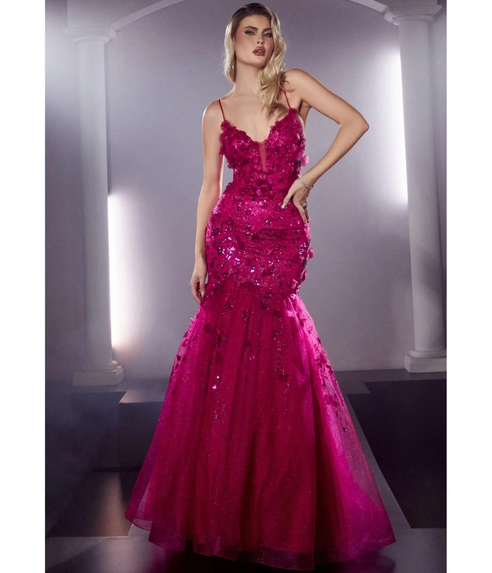 Unique Vintage Cinderella Divine Magenta Magical Mermaid Floral Bridesmaid Gown Cheap