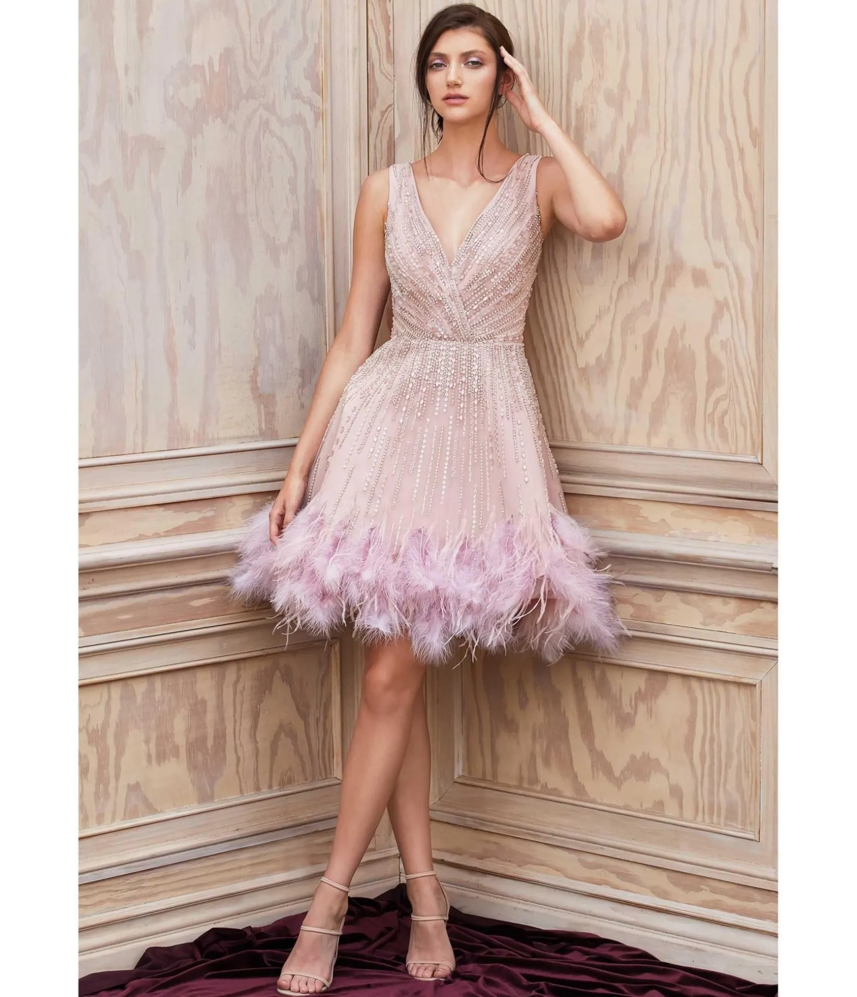 Unique Vintage Cinderella Divine Mauve Rhinestone & Feather Hem Bridesmaid Cocktail Dress Best Sale