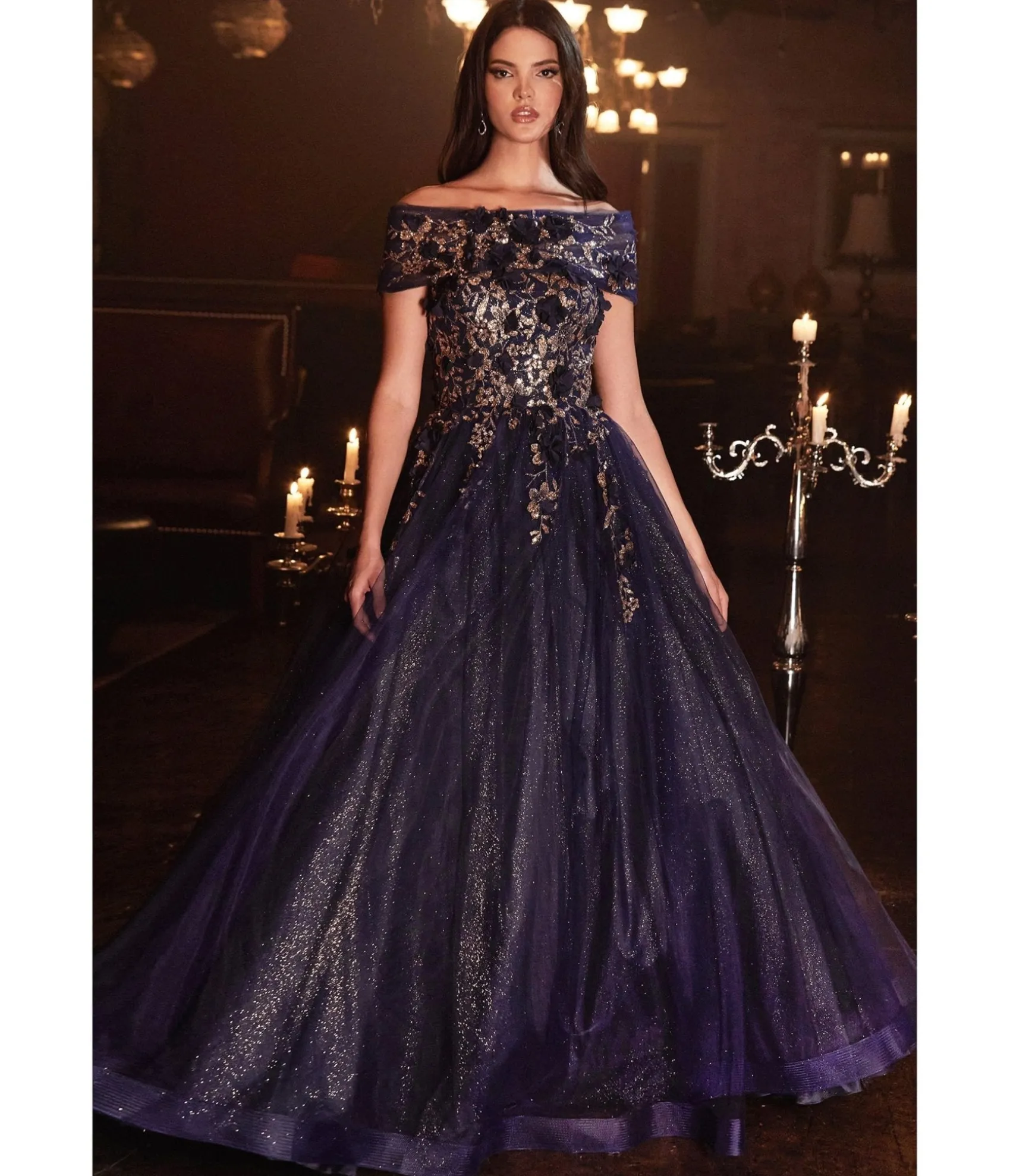 Unique Vintage Cinderella Divine Navy & Gold Off The Shoulder Magical Glitter Prom Ball Gown Best