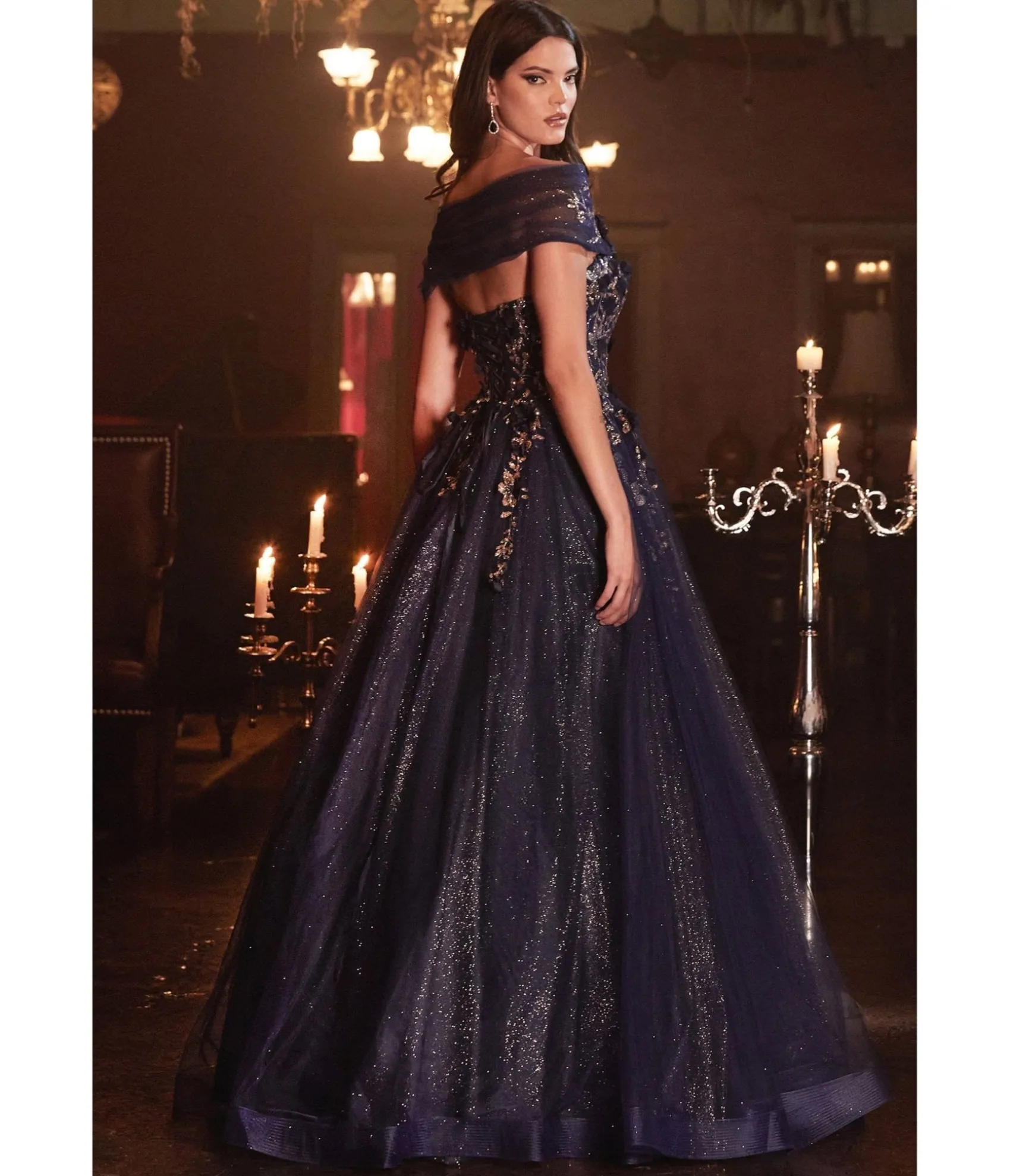 Unique Vintage Cinderella Divine Navy & Gold Off The Shoulder Magical Glitter Prom Ball Gown Best