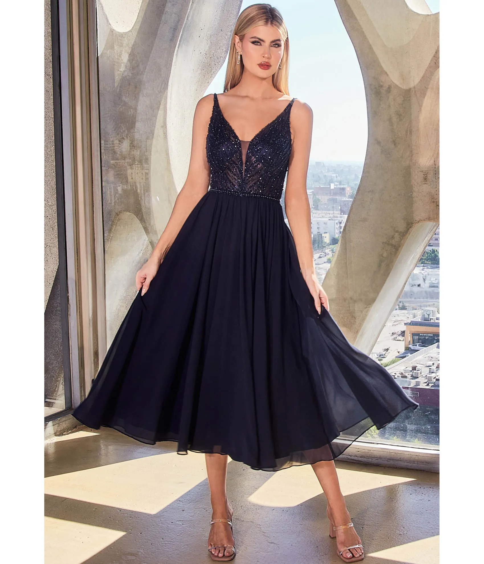 Unique Vintage Cinderella Divine Navy Beaded Chiffon Tea Length Dress Best