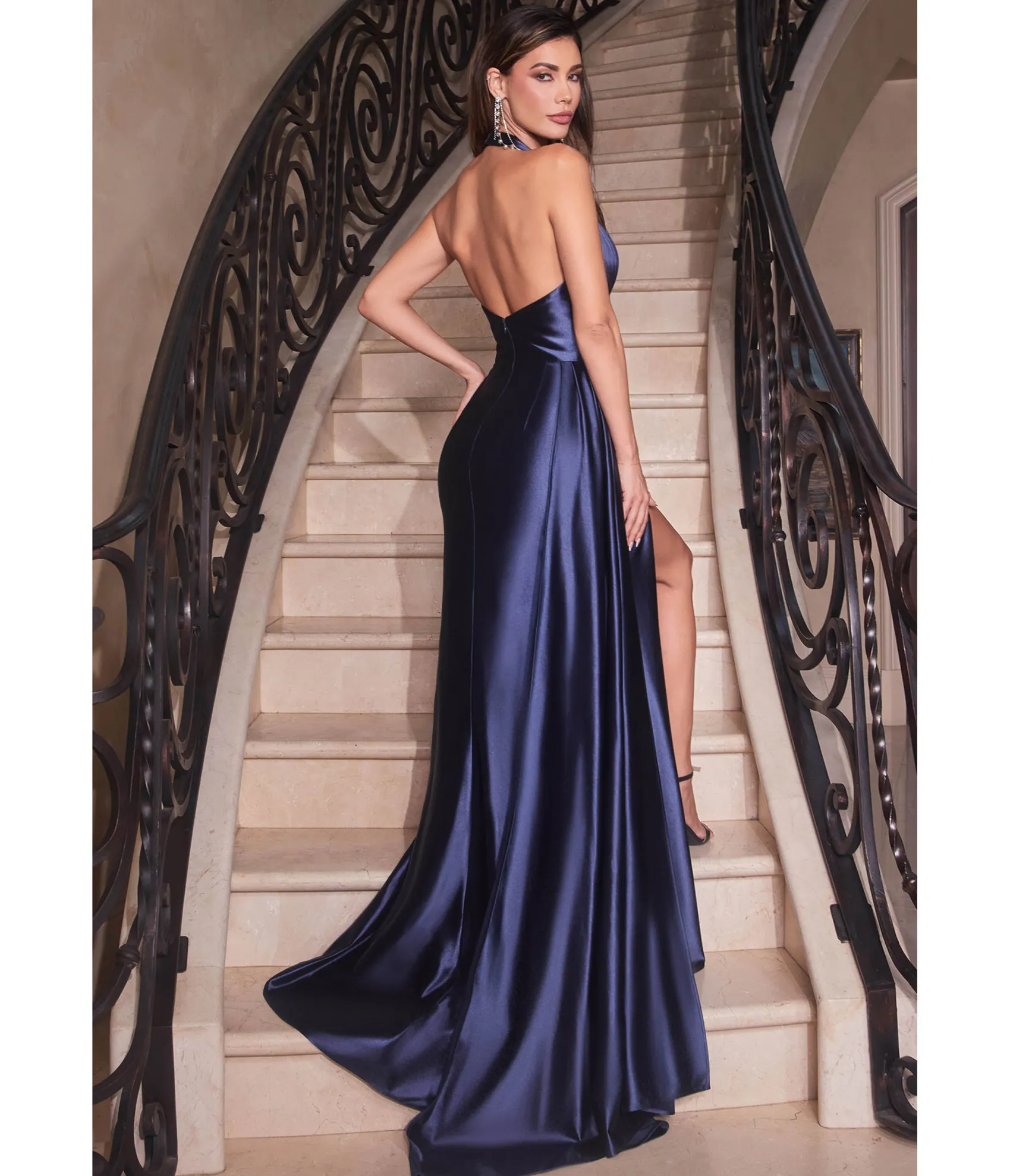 Unique Vintage Cinderella Divine Navy Pleated Satin Halter Fitted Slit Dress Cheap