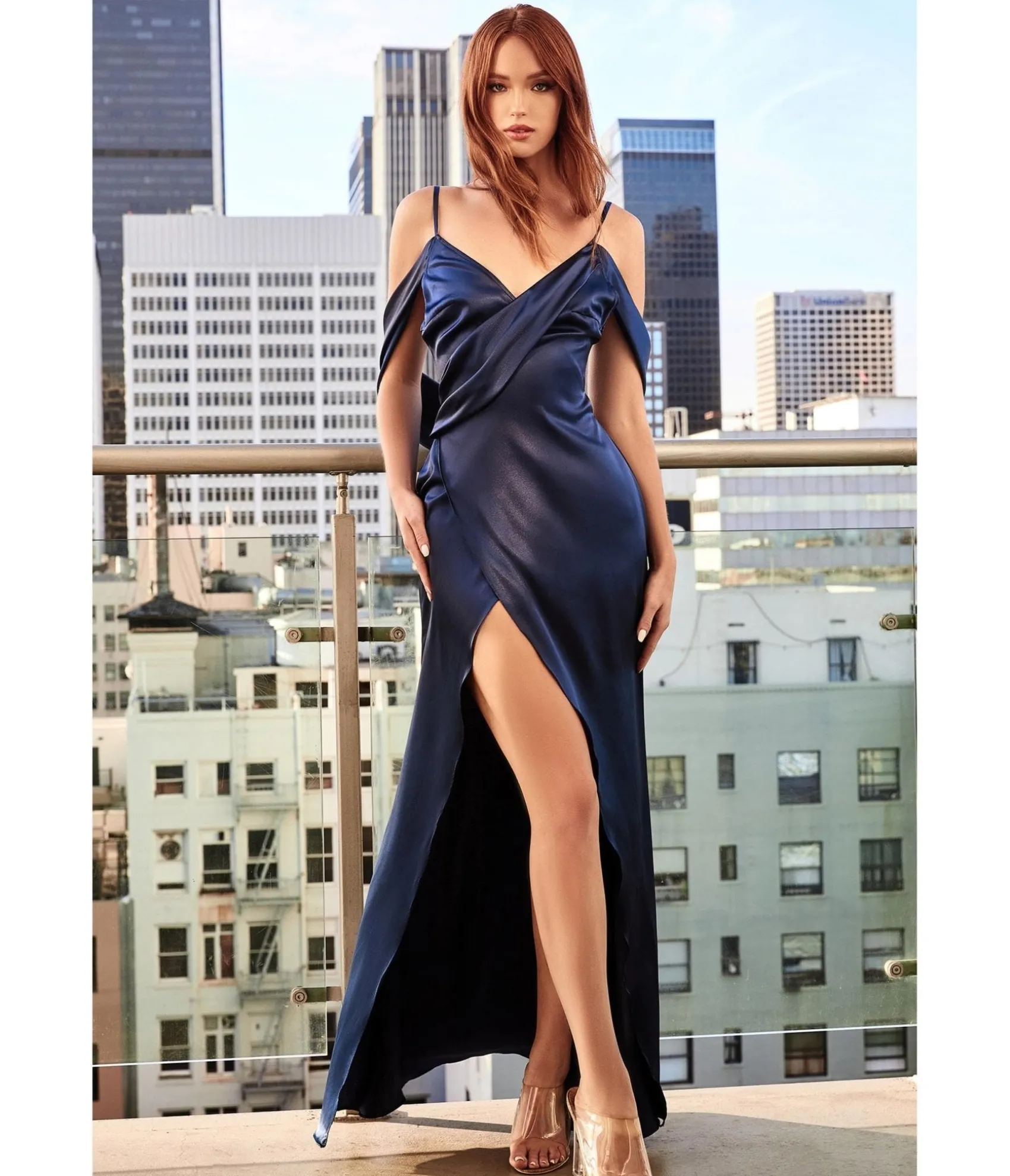 Unique Vintage Cinderella Divine Navy Satin Draped Cowl Back Bridesmaid Dress Sale