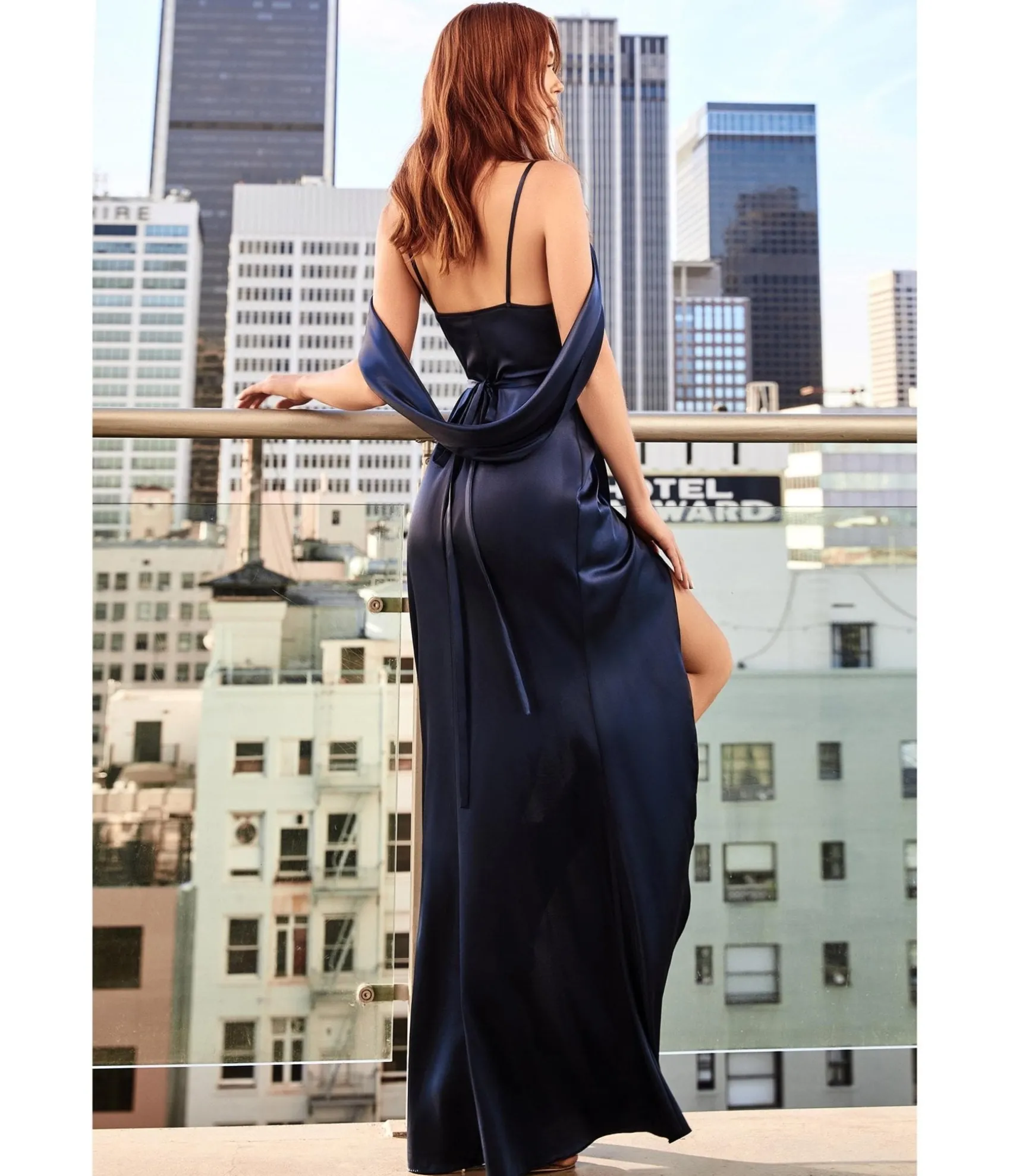 Unique Vintage Cinderella Divine Navy Satin Draped Cowl Back Bridesmaid Dress Sale