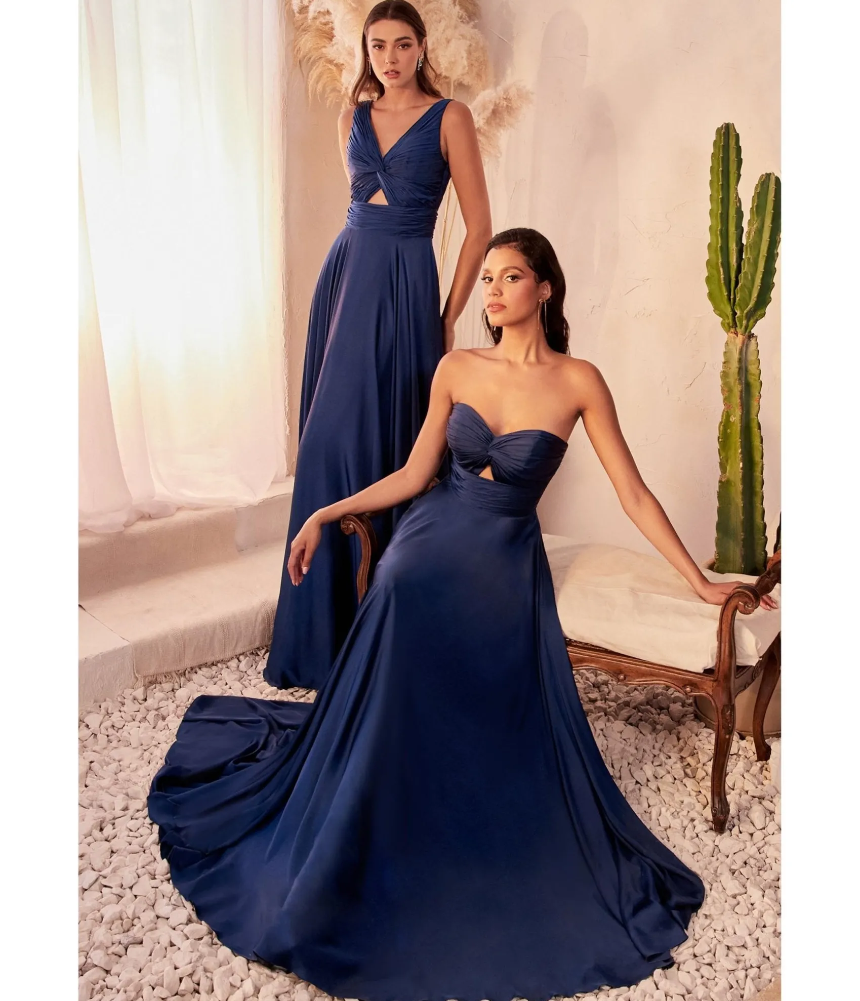 Unique Vintage Cinderella Divine Navy Satin Strapless Keyhole Evening Gown Flash Sale