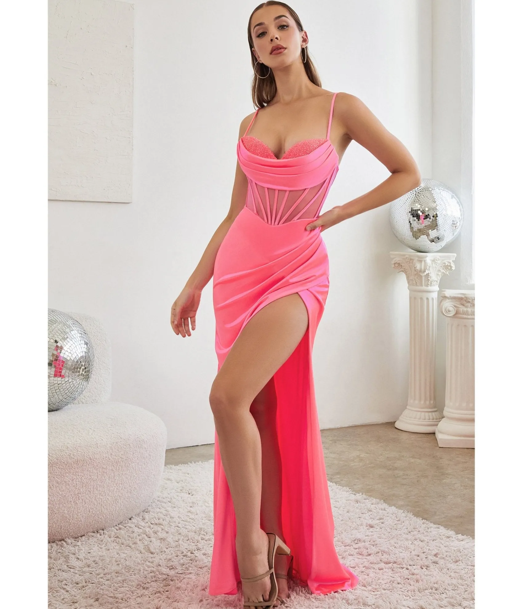 Unique Vintage Cinderella Divine Neon Pink Satin Beaded Draped Corset Prom Dress Best