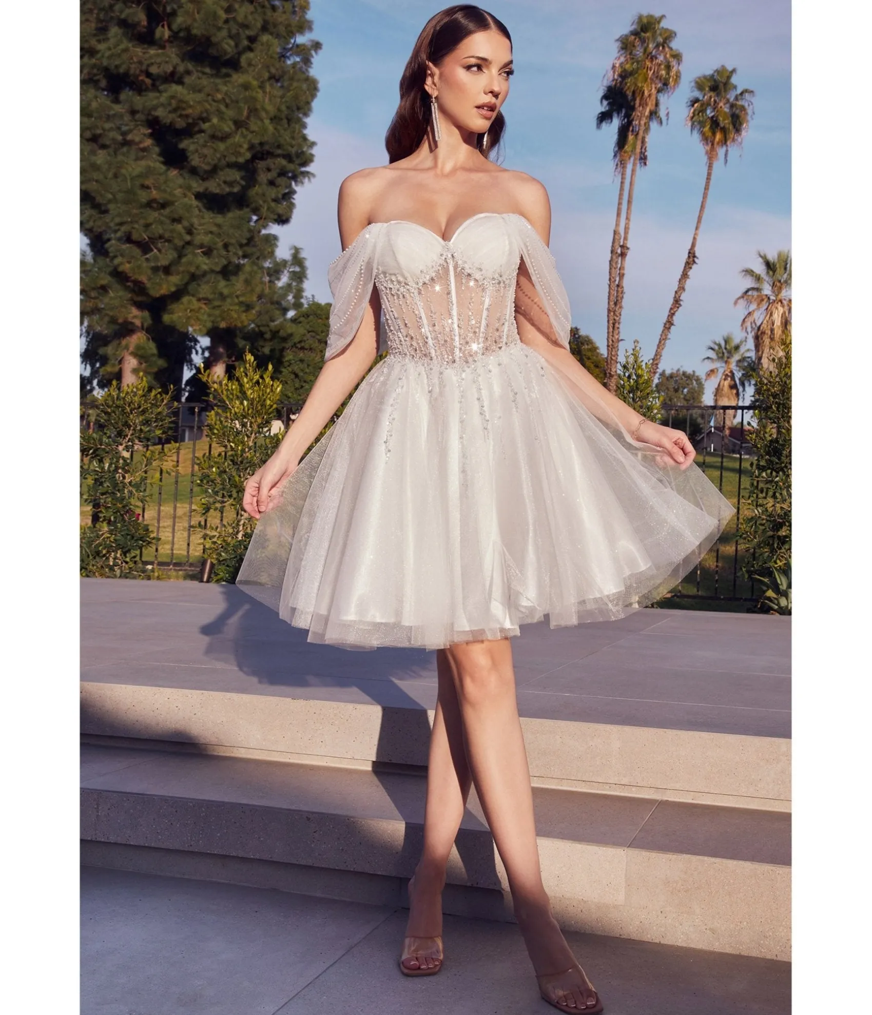 Unique Vintage Cinderella Divine Off White Glitter Tulle Off Shoulder Corset Mini Dress Outlet