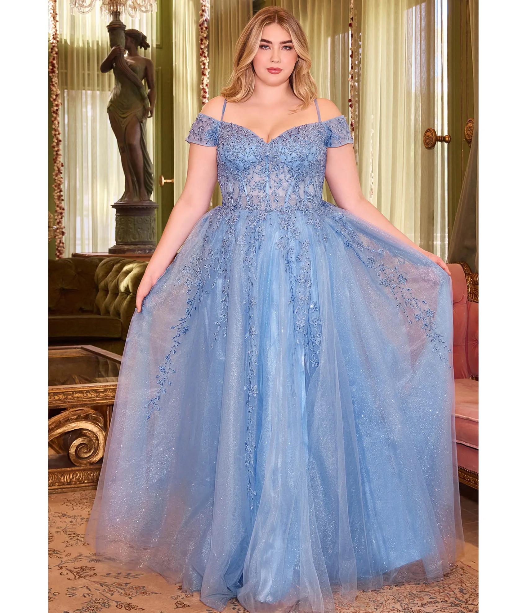 Unique Vintage Cinderella Divine Plus Size Blue Glitter Tulle Off The Shoulder Applique Slit Gown Best