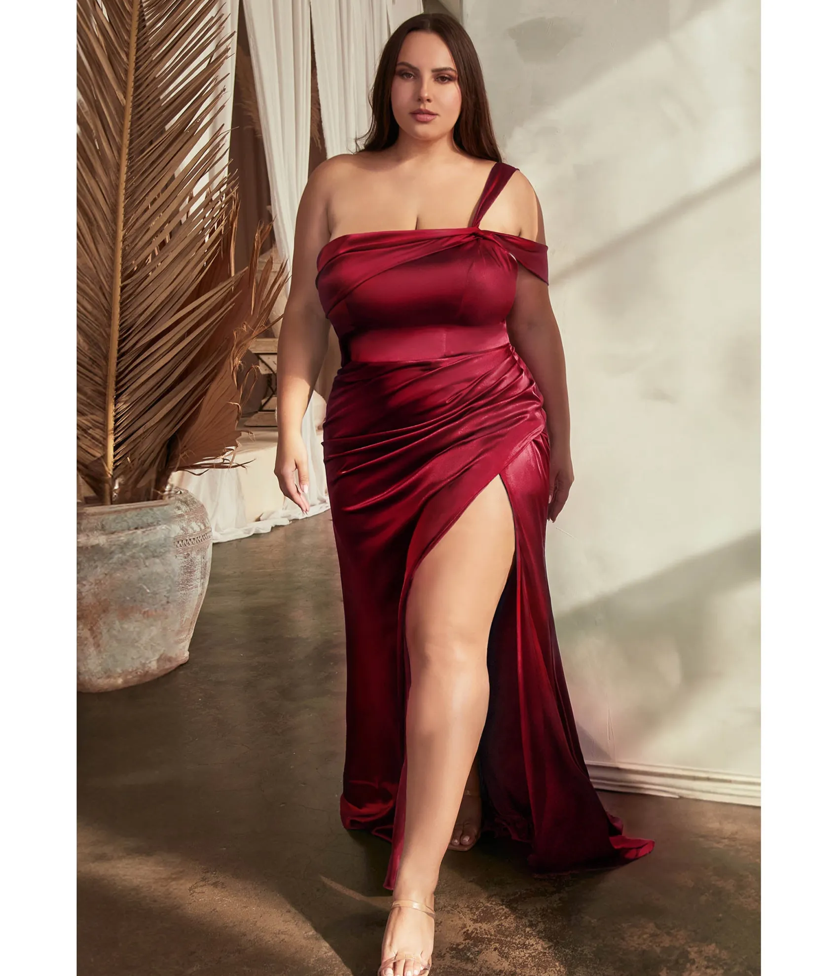 Unique Vintage Cinderella Divine Plus Size Burgundy Ruched Satin One Shoulder Evening Gown Online