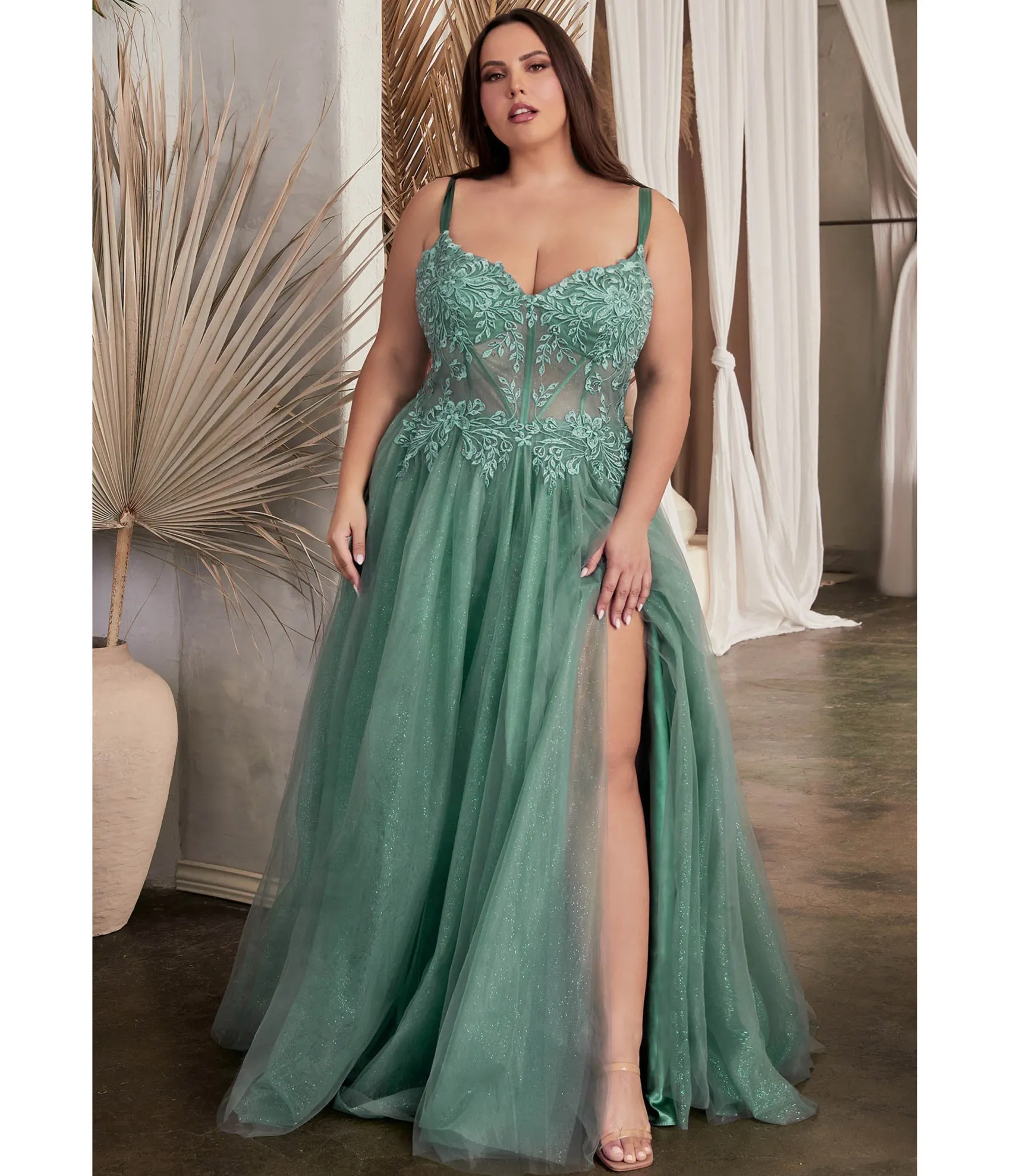 Unique Vintage Cinderella Divine Plus Size Dusty Teal Foliage Applique Corset Tulle Gown Store