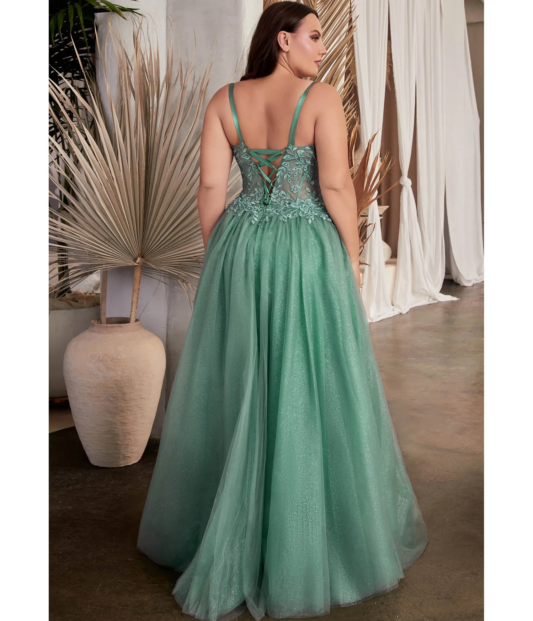 Unique Vintage Cinderella Divine Plus Size Dusty Teal Foliage Applique Corset Tulle Gown Store