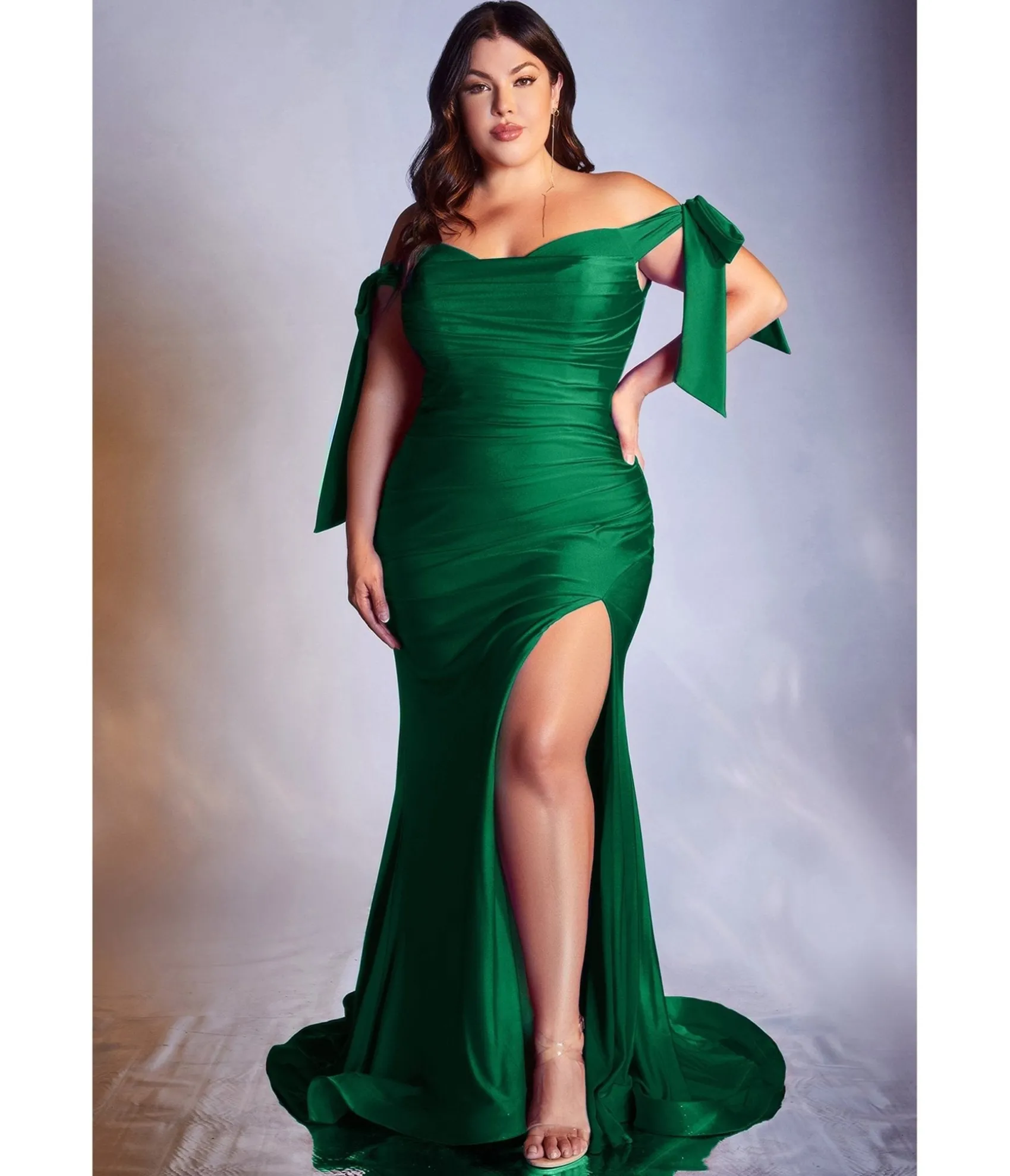 Unique Vintage Cinderella Divine Plus Size Emerald Off The Shoulder Tie Bridesmaid Gown Hot