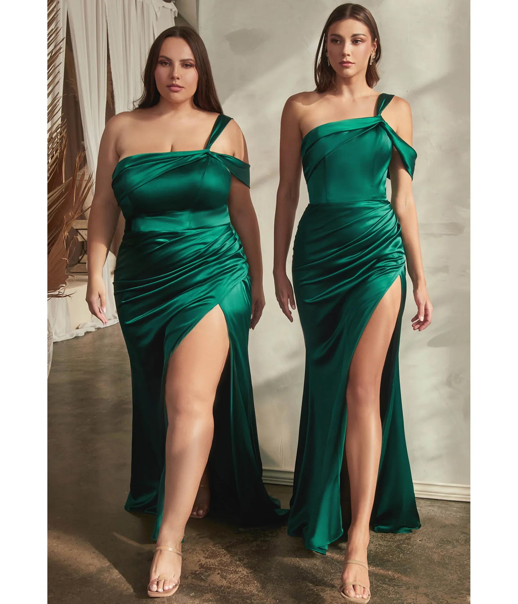 Unique Vintage Cinderella Divine Plus Size Emerald Ruched Satin One Shoulder Evening Gown Online