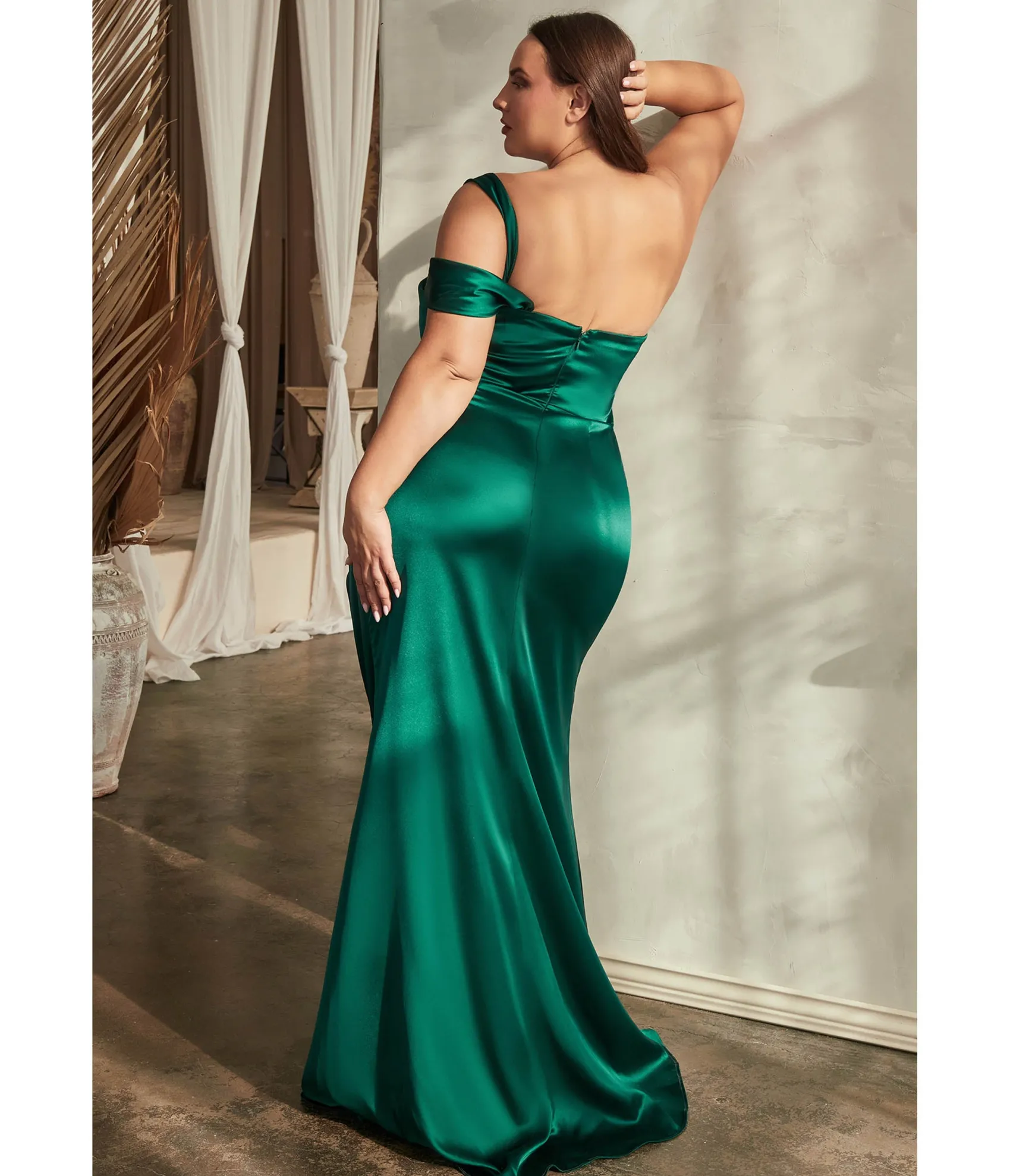 Unique Vintage Cinderella Divine Plus Size Emerald Ruched Satin One Shoulder Evening Gown Online