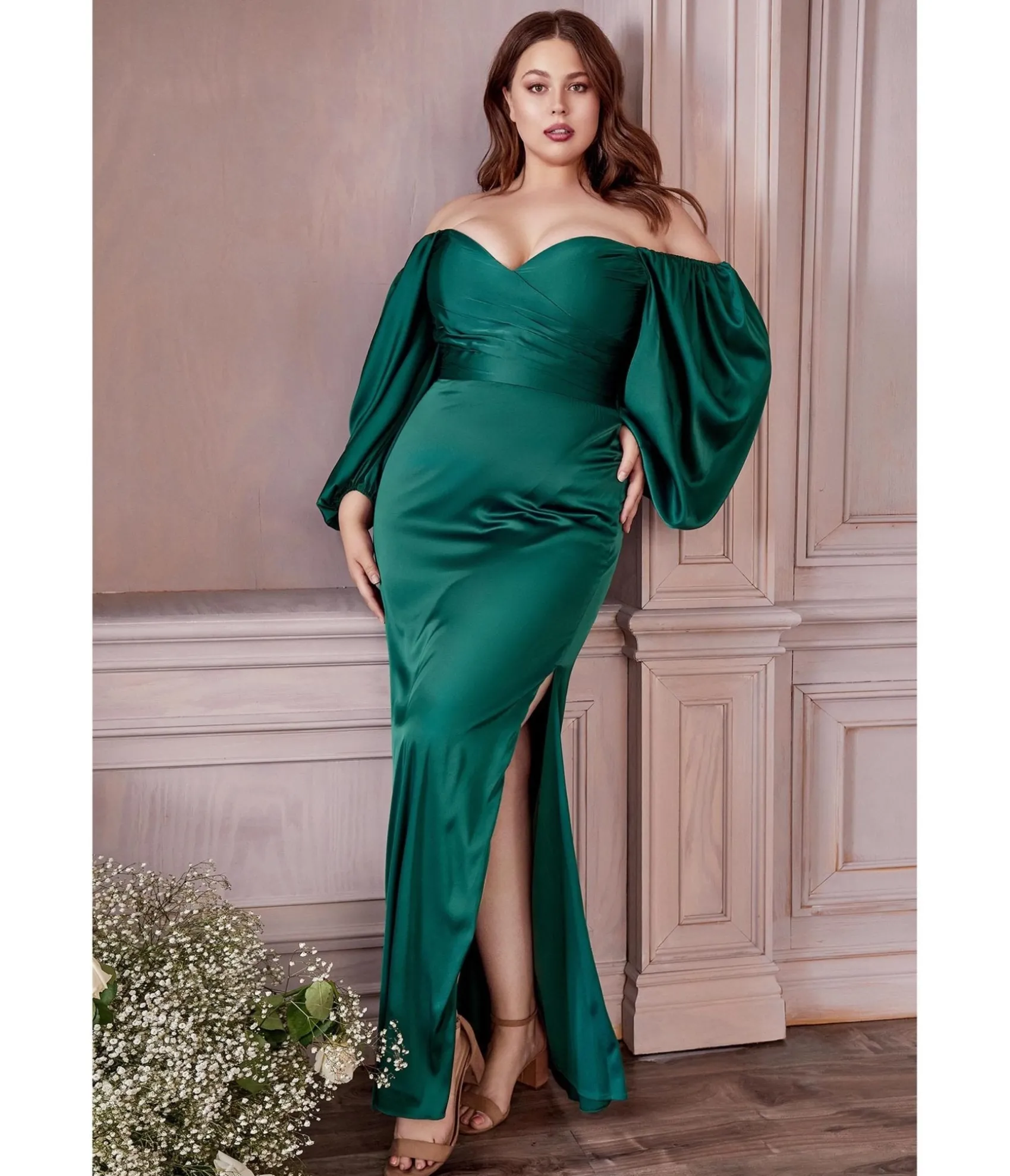 Unique Vintage Cinderella Divine Plus Size Emerald Satin Long Sleeve Bridesmaid Dress Discount