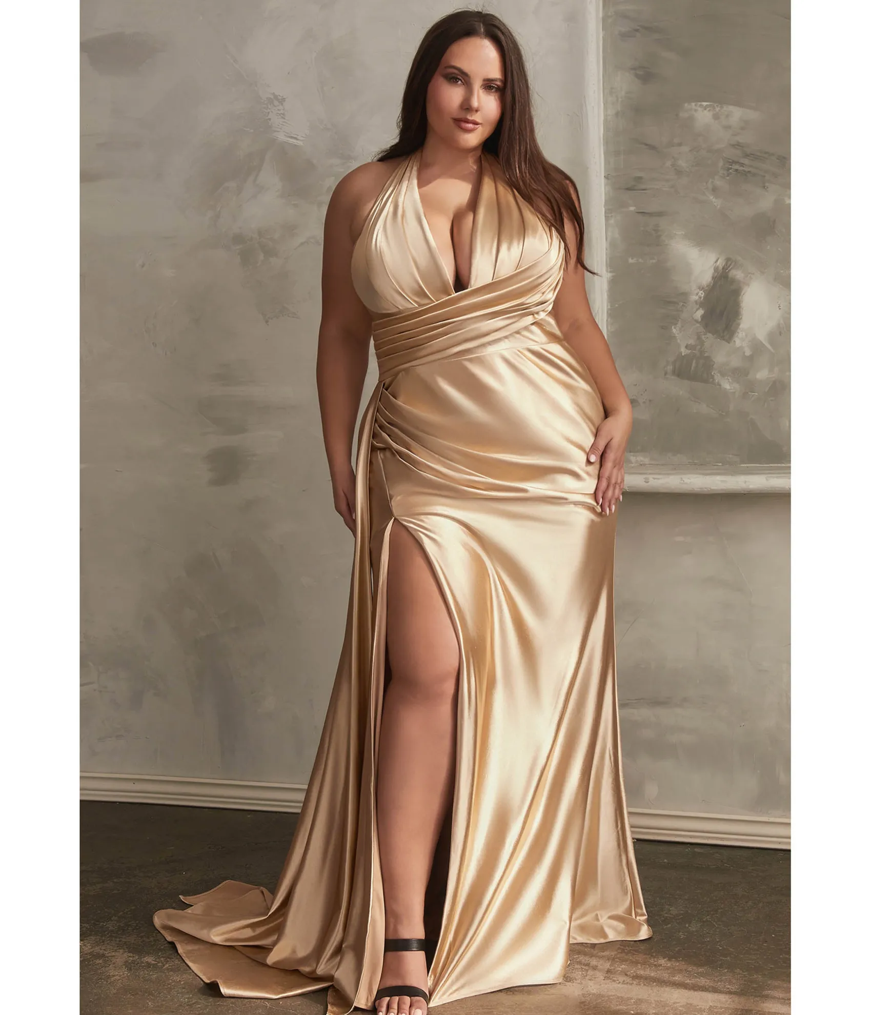 Unique Vintage Cinderella Divine Plus Size Gold Pleated Satin Halter Fitted Slit Dress Flash Sale