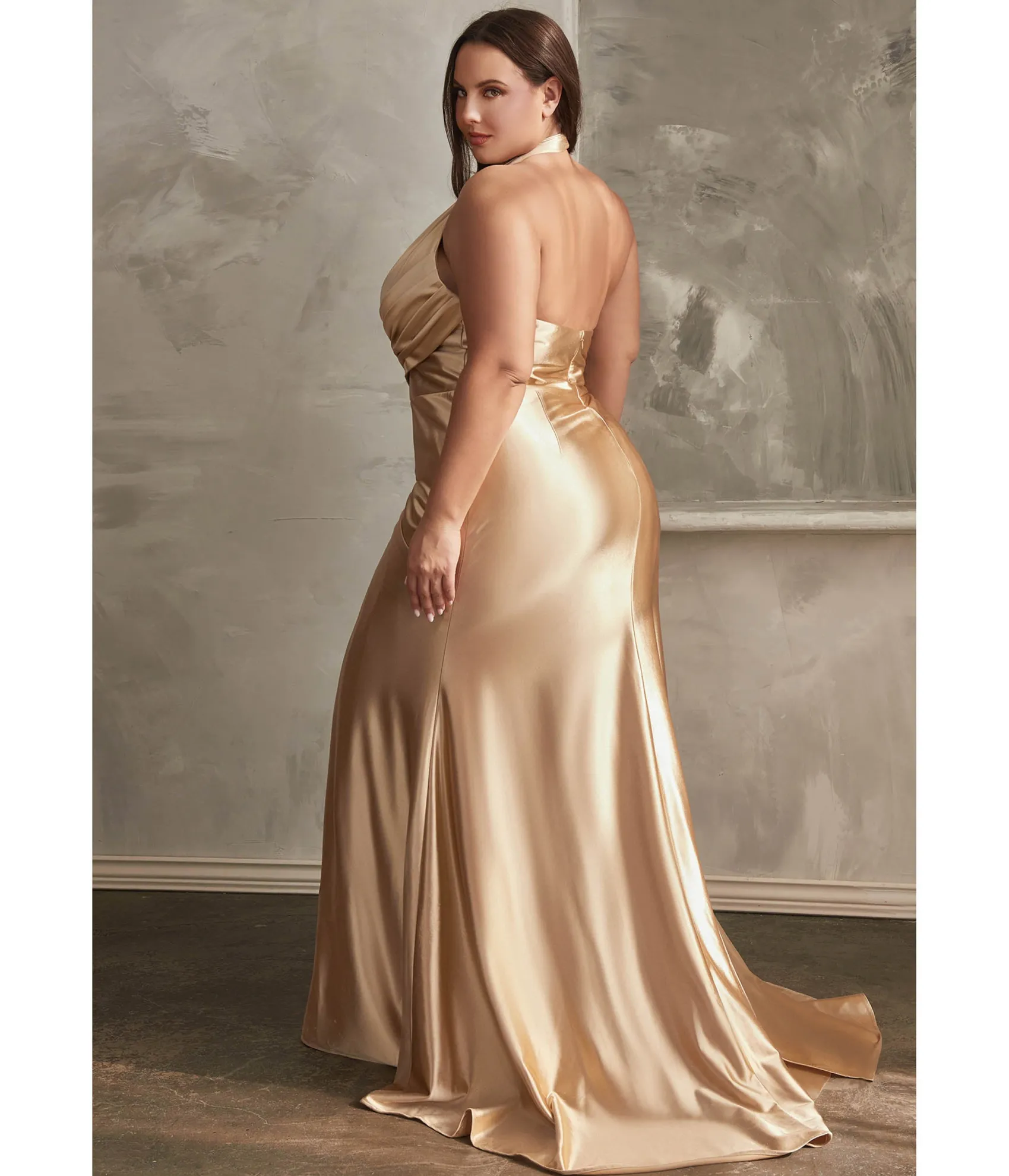 Unique Vintage Cinderella Divine Plus Size Gold Pleated Satin Halter Fitted Slit Dress Flash Sale