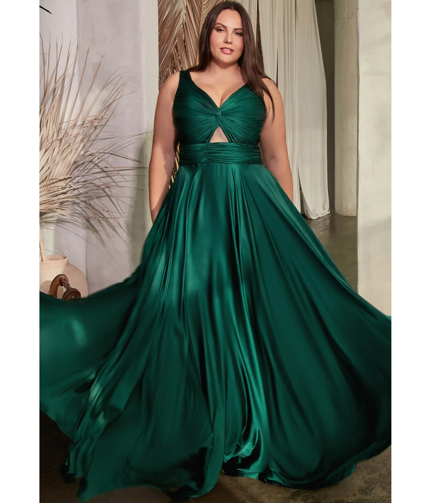 Unique Vintage Cinderella Divine Plus Size Hunter Green Satin Ruched Knotted Keyhole Evening Gown Outlet