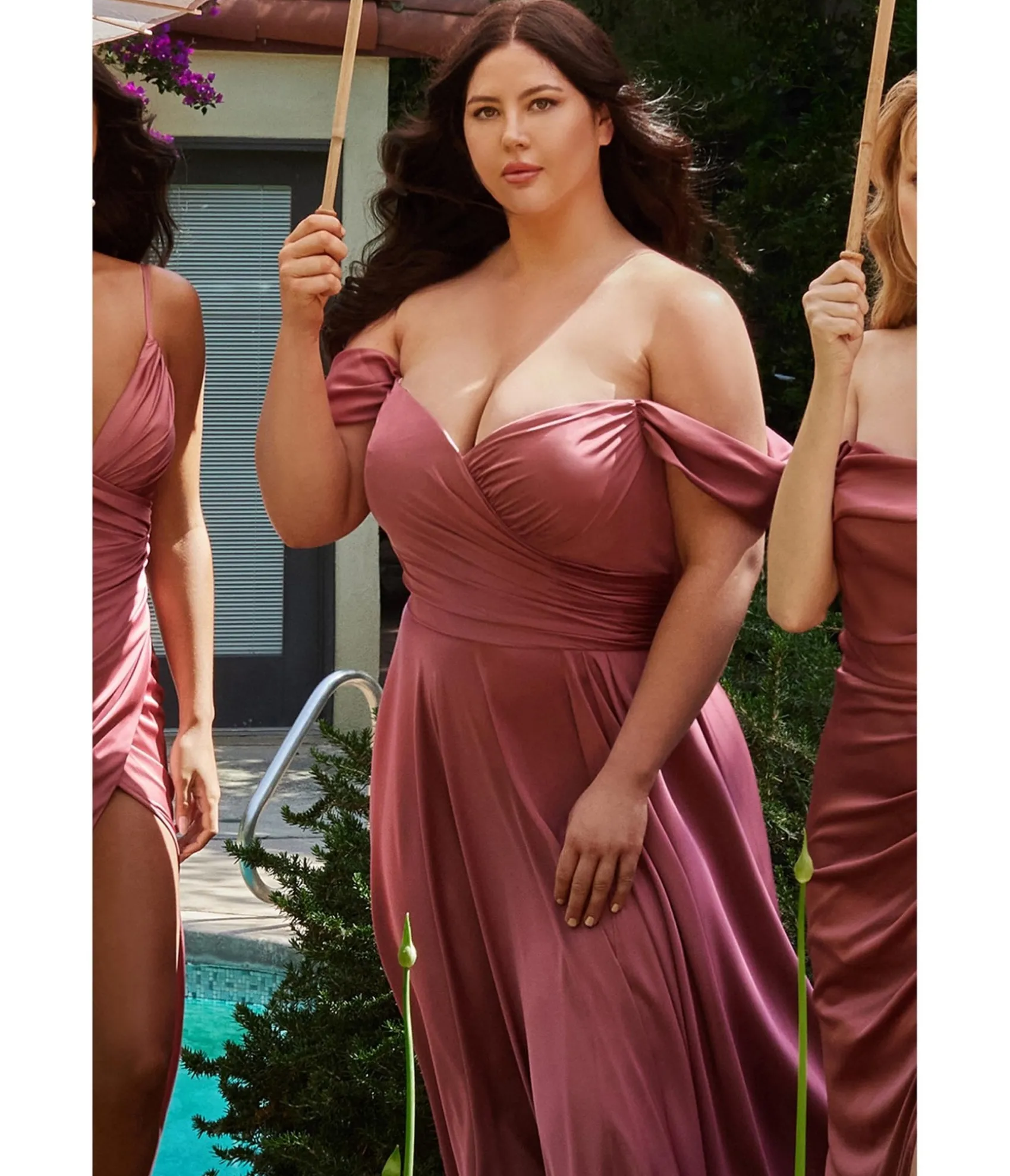 Unique Vintage Cinderella Divine Plus Size Mauve Satin Off The Shoulder Bridesmaid Gown Fashion