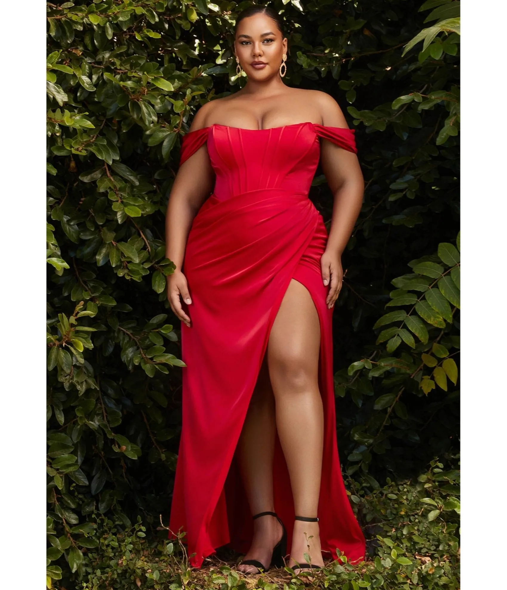 Unique Vintage Cinderella Divine Plus Size Red Divine Satin Corset Off-Shoulder Prom Dress Cheap