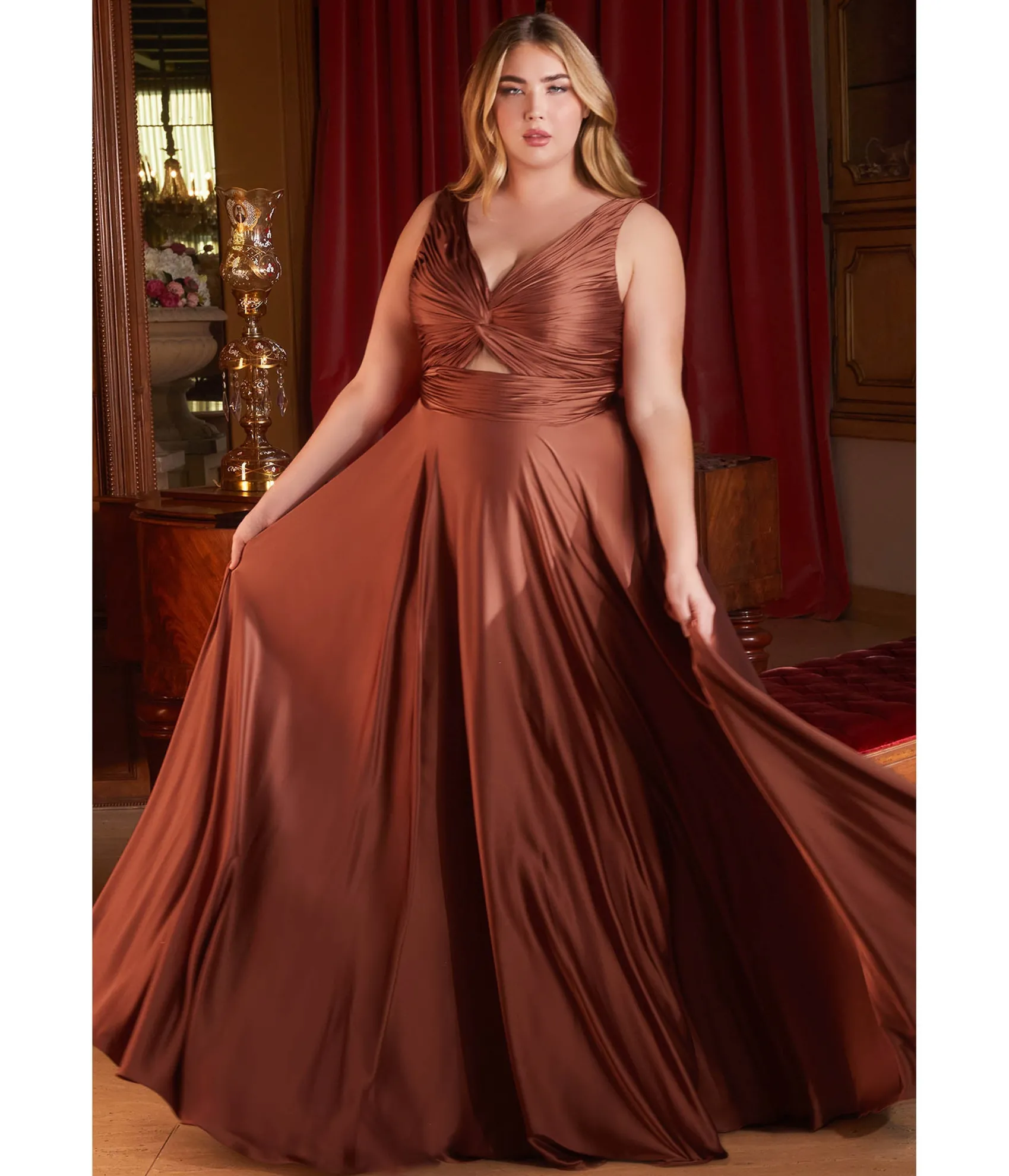 Unique Vintage Cinderella Divine Plus Size Sienna Satin Ruched Knotted Keyhole Evening Gown Cheap