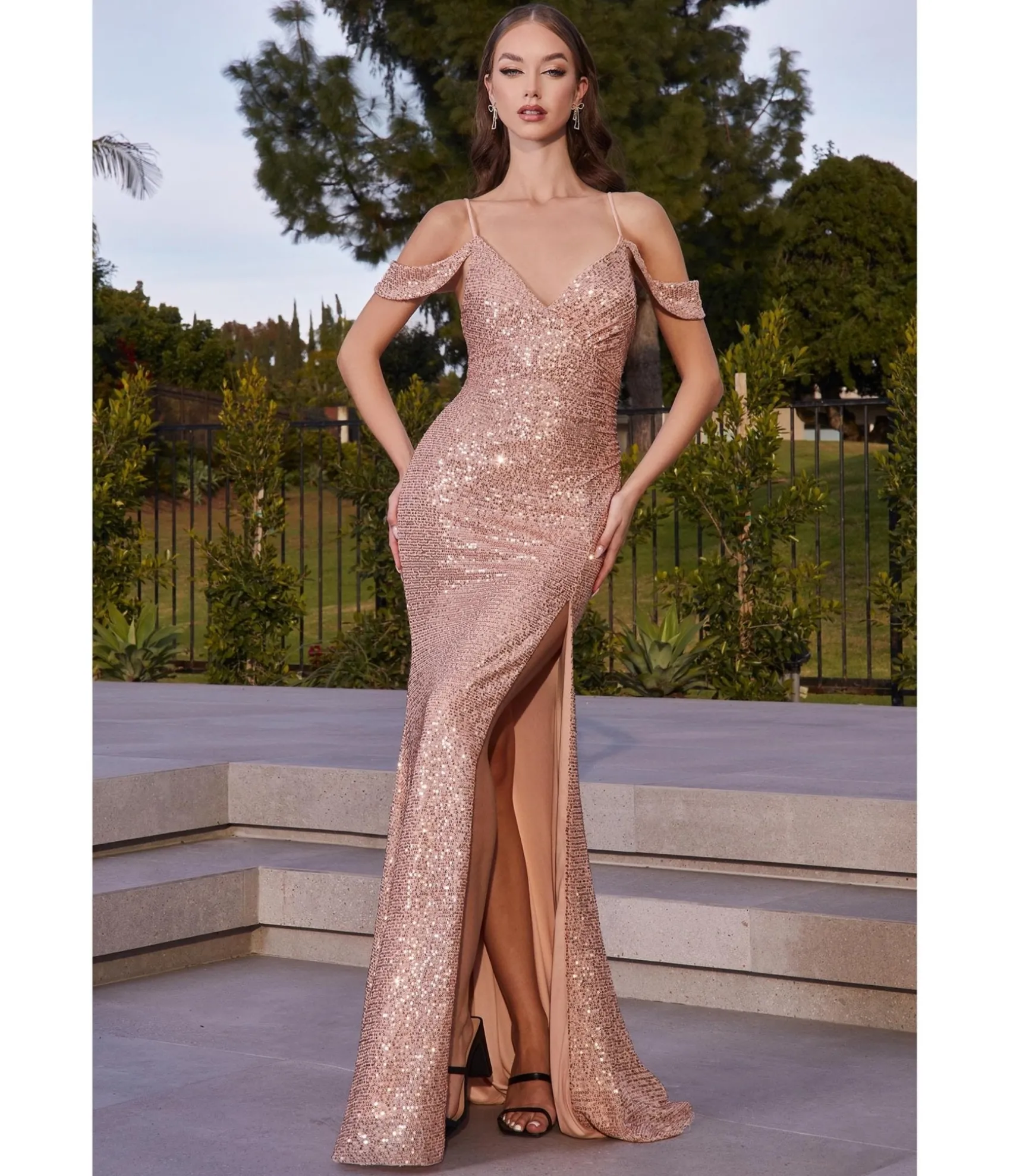 Unique Vintage Cinderella Divine Rose Gold Sequin Cold Shoulder Bridesmaid Gown Sale