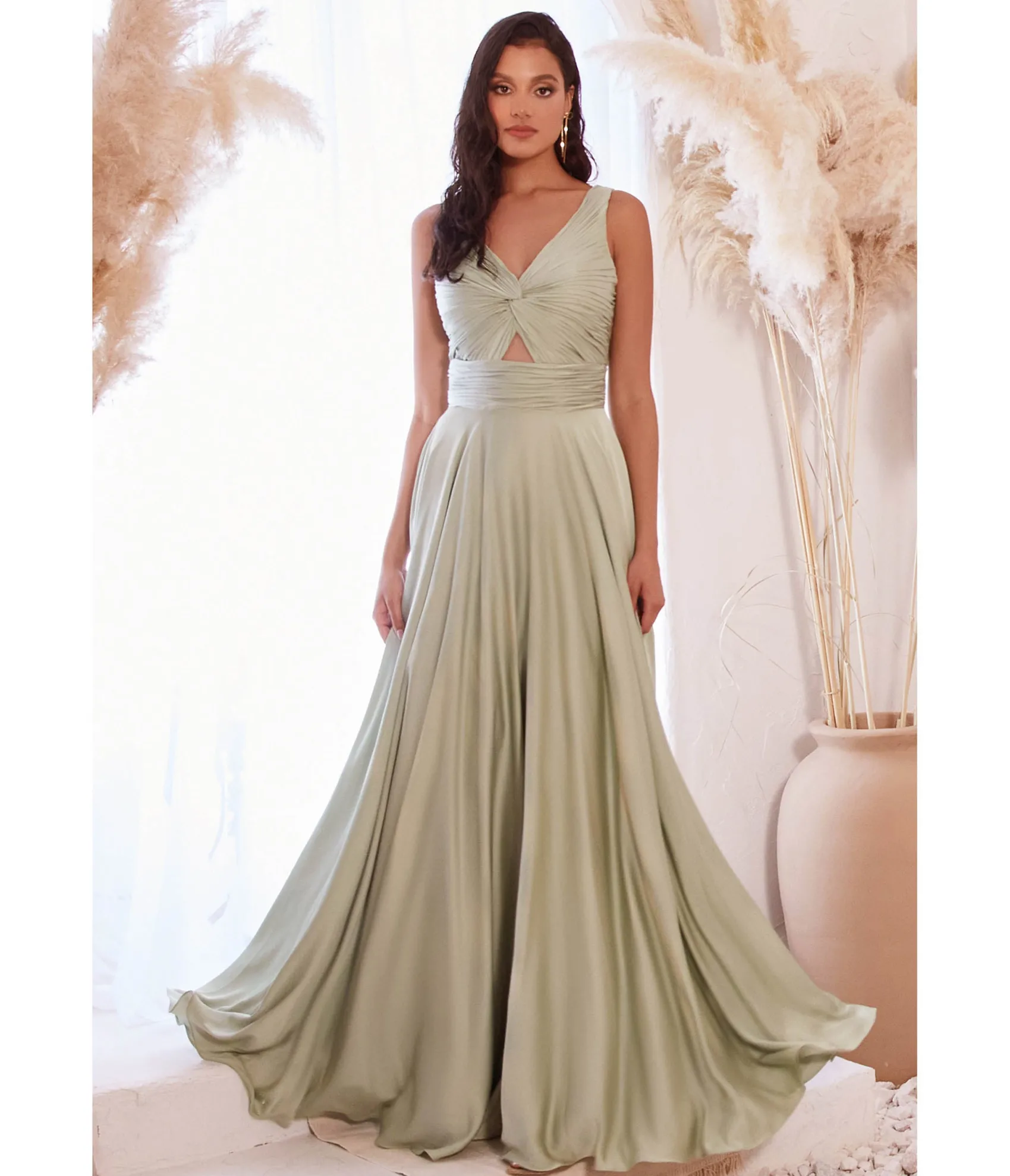 Unique Vintage Cinderella Divine Sage Satin Ruched Knotted Keyhole Evening Gown Shop