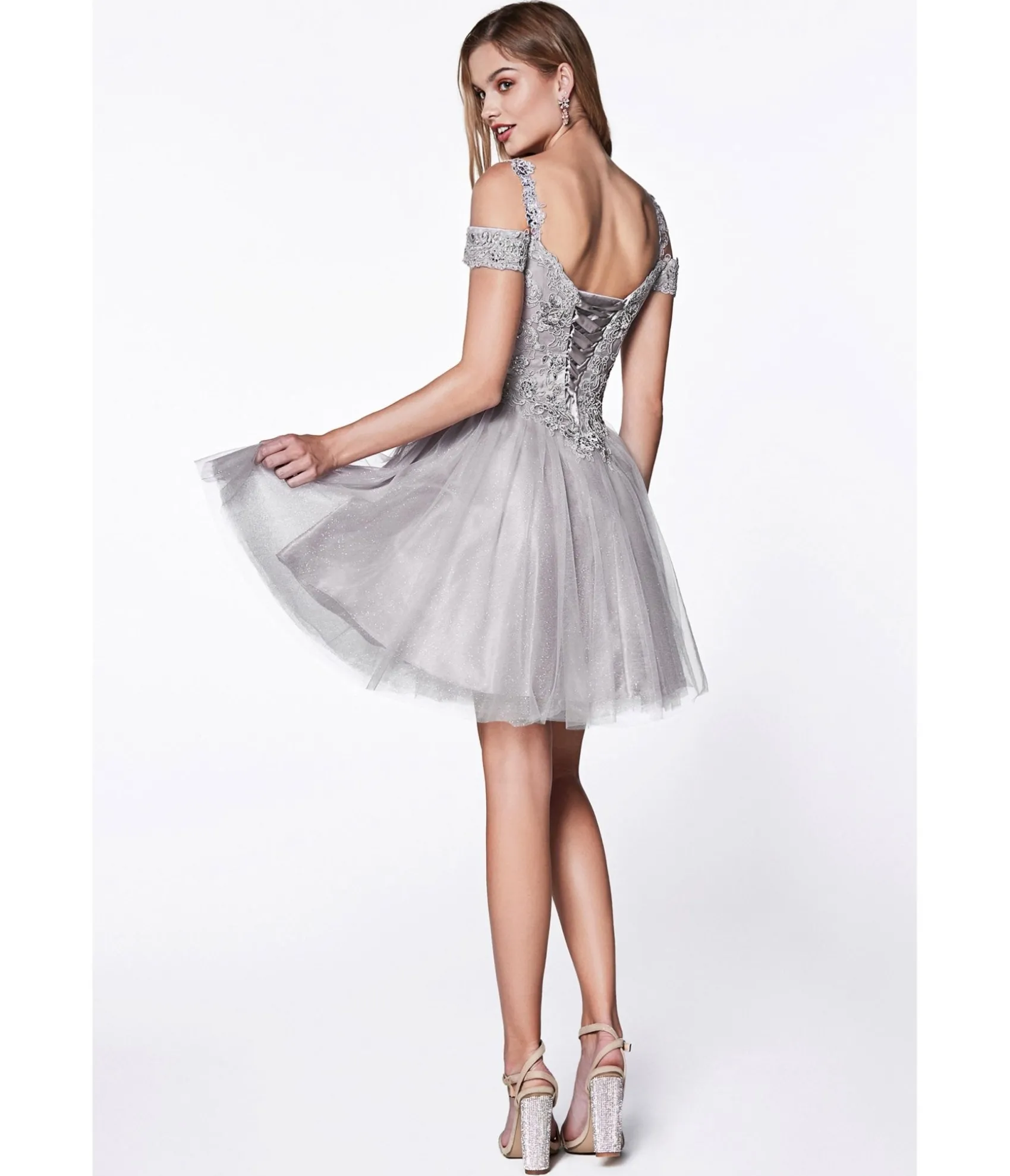 Unique Vintage Cinderella Divine Silver Glitter Tulle Cold Shoulder Homecoming Dress Fashion