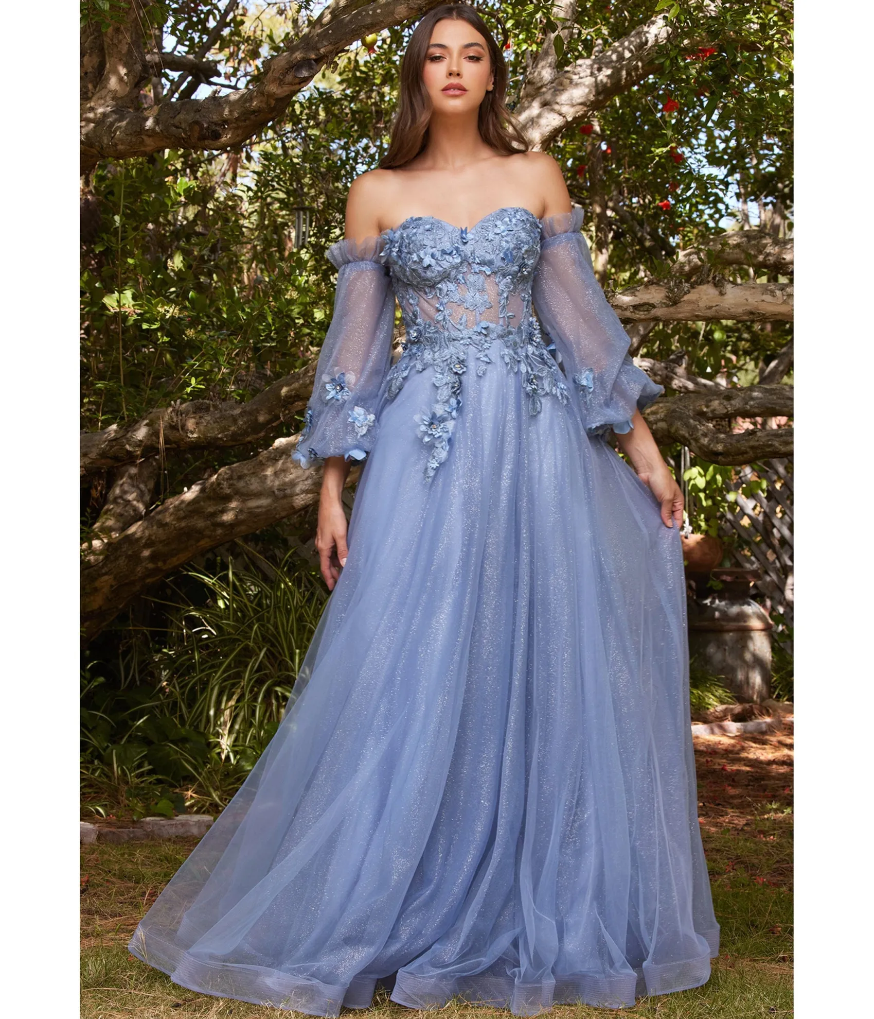 Unique Vintage Cinderella Divine Smokey Blue Floral Off The Shoulder Fairytale Prom Dress Shop