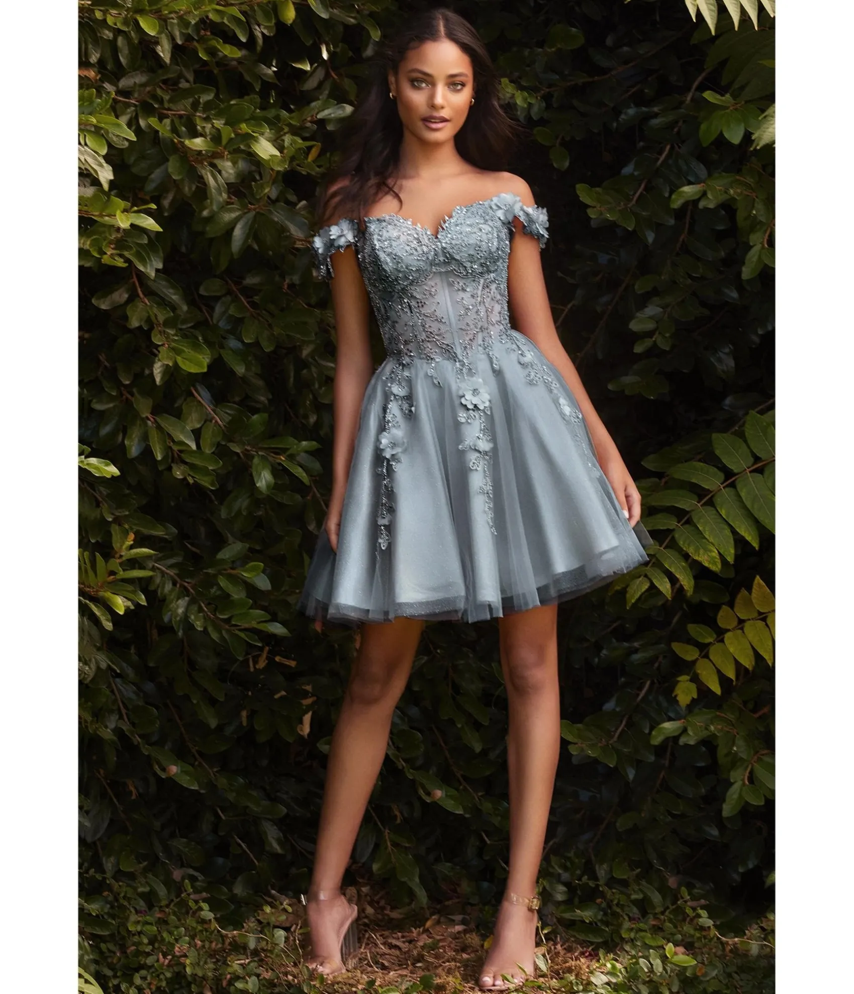 Unique Vintage Cinderella Divine Smoky Blue Beaded & Floral Applique Off The Shoulder Cocktail Dress Flash Sale