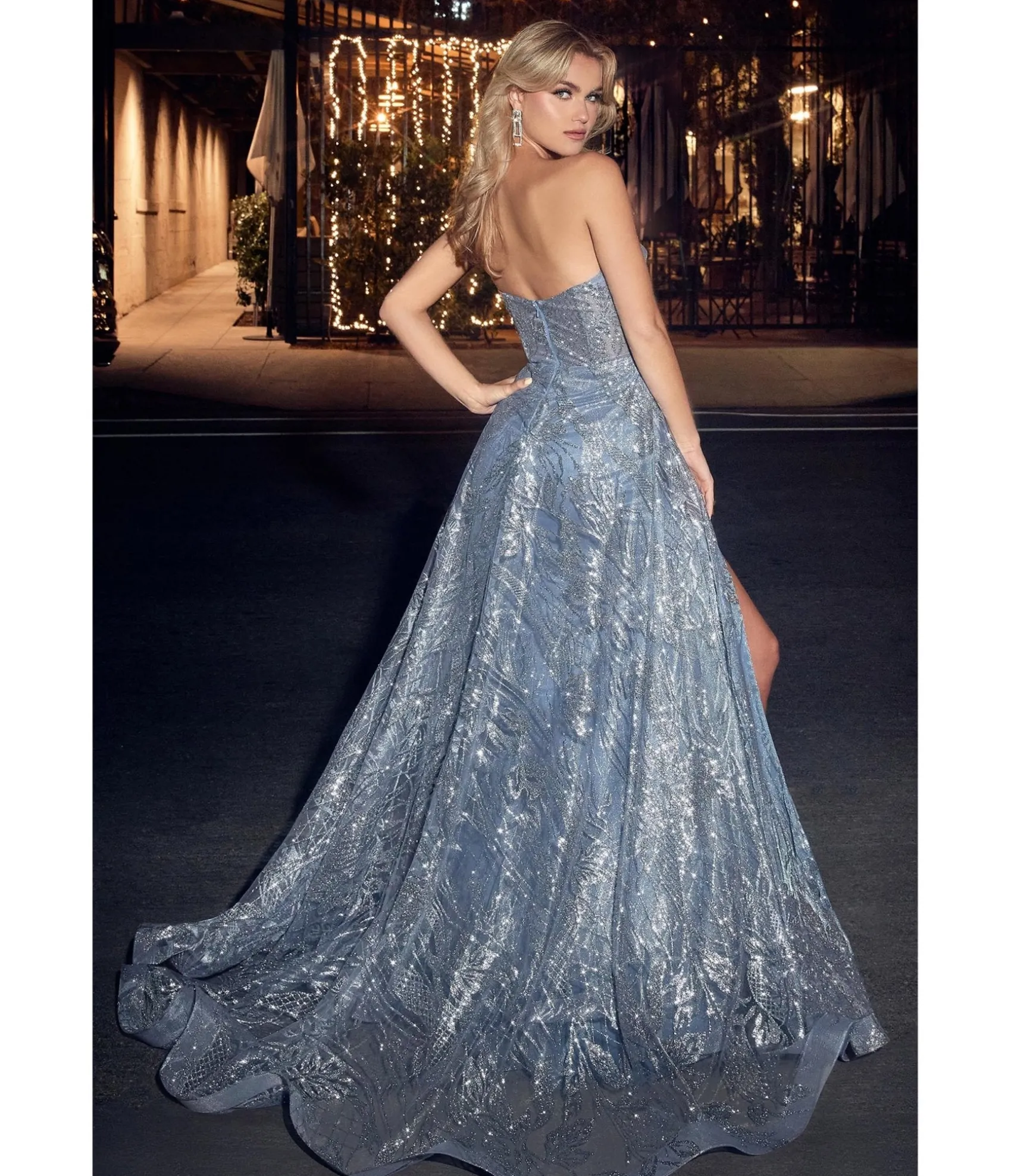 Unique Vintage Cinderella Divine Smoky Blue Glitter Printed Strapless Mermaid Evening Gown Flash Sale