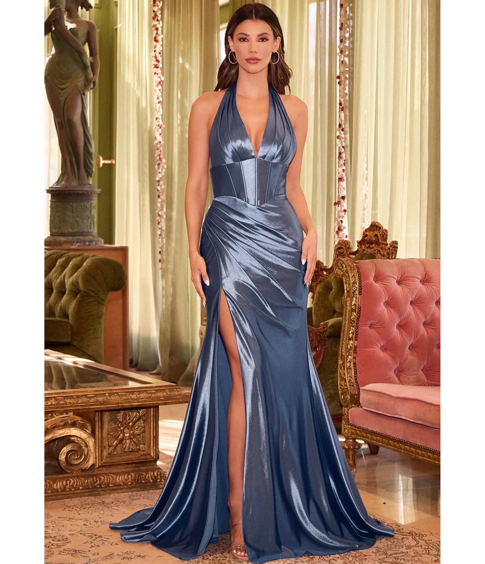 Unique Vintage Cinderella Divine Smoky Blue Pleated Satin Halter Corset Evening Gown Outlet