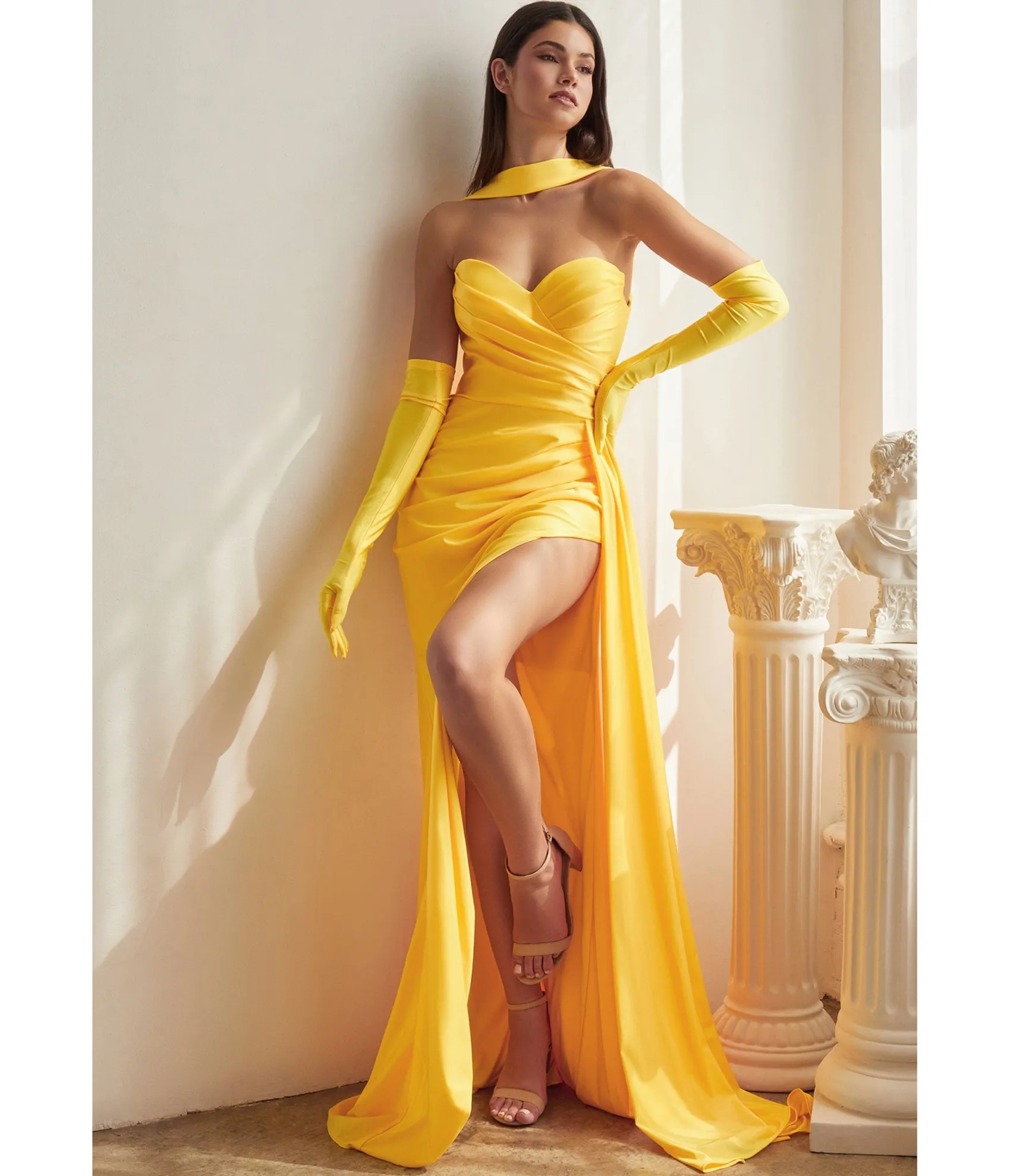 Unique Vintage Cinderella Divine Yellow Satin Strapless Halter Prom Gown with Gloves Flash Sale