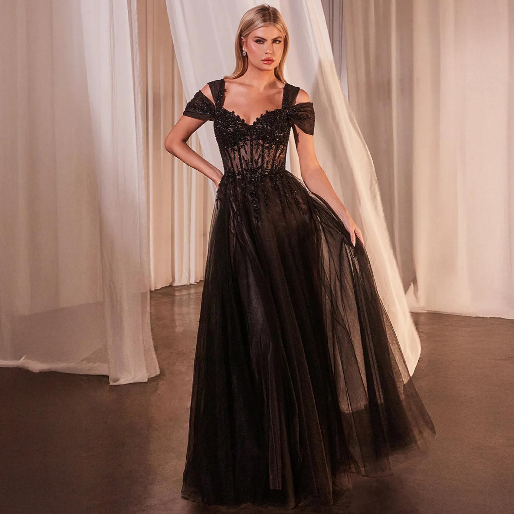 Unique Vintage Cinderella Divine Black & Nude Applique Cold Shoulder A-Line Prom Dress Flash Sale