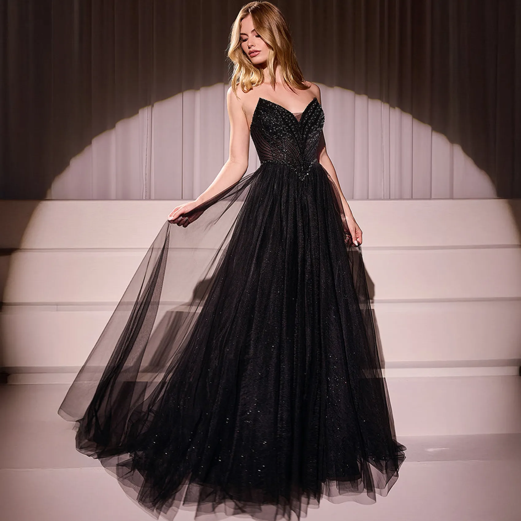 Unique Vintage Cinderella Divine Black Beaded Strapless Tulle Prom Dress Online