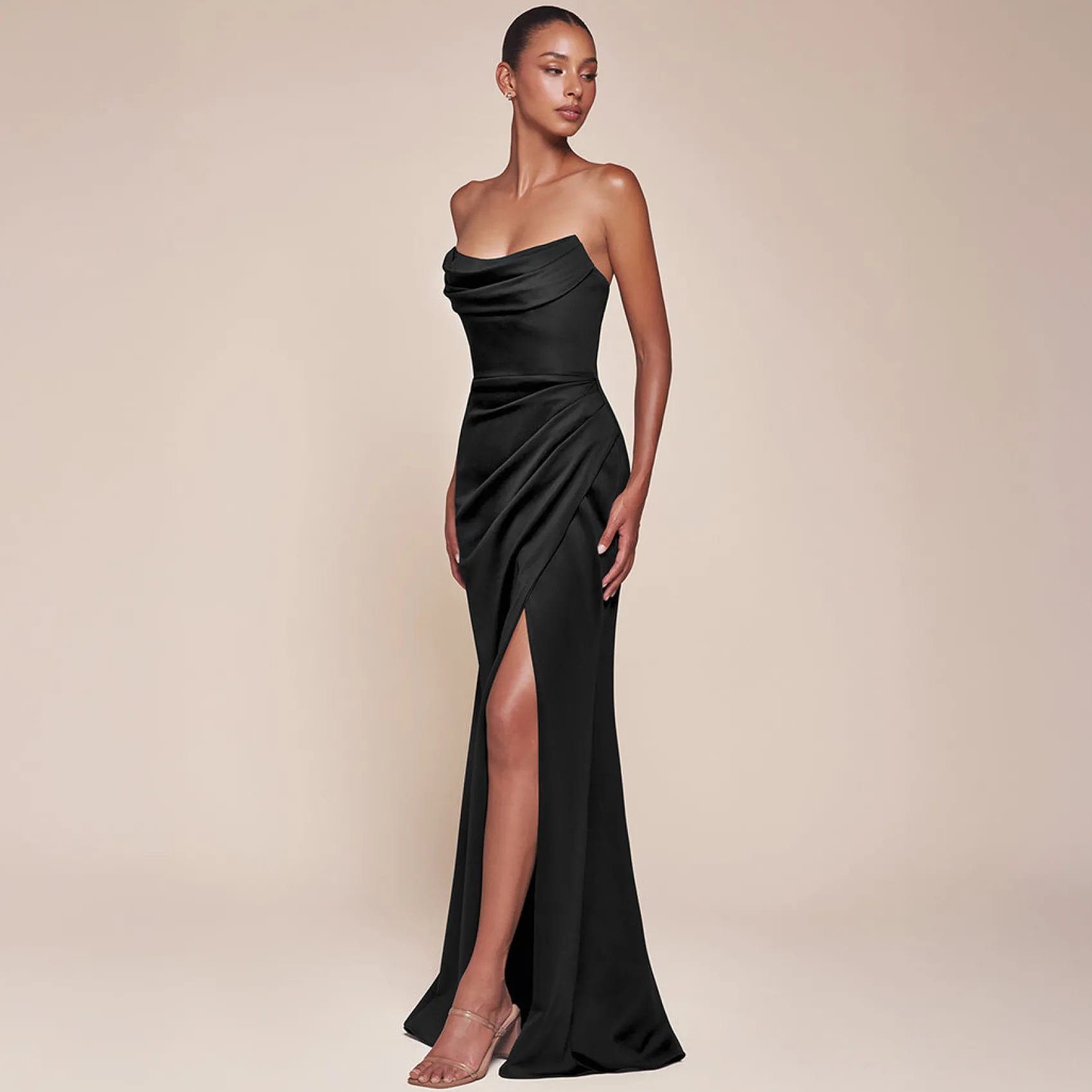 Unique Vintage Cinderella Divine Black Chiffon Strapless Slit Prom Dress Cheap