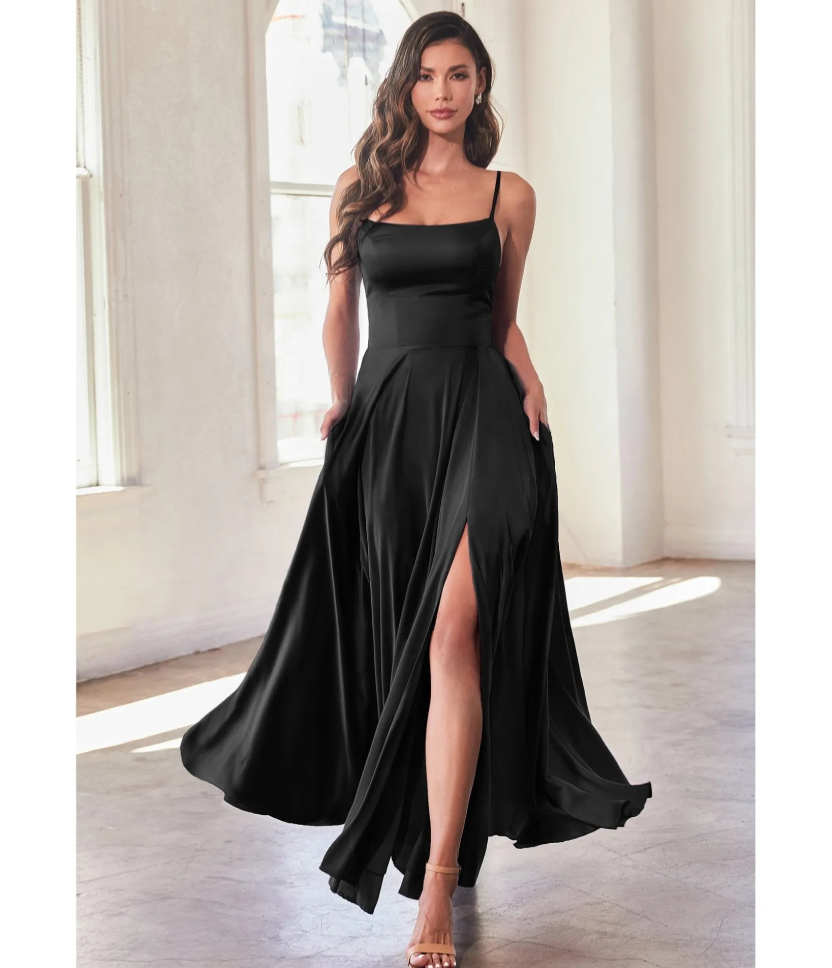 Unique Vintage Cinderella Divine Black Satin A Line Bridesmaid Dress Fashion