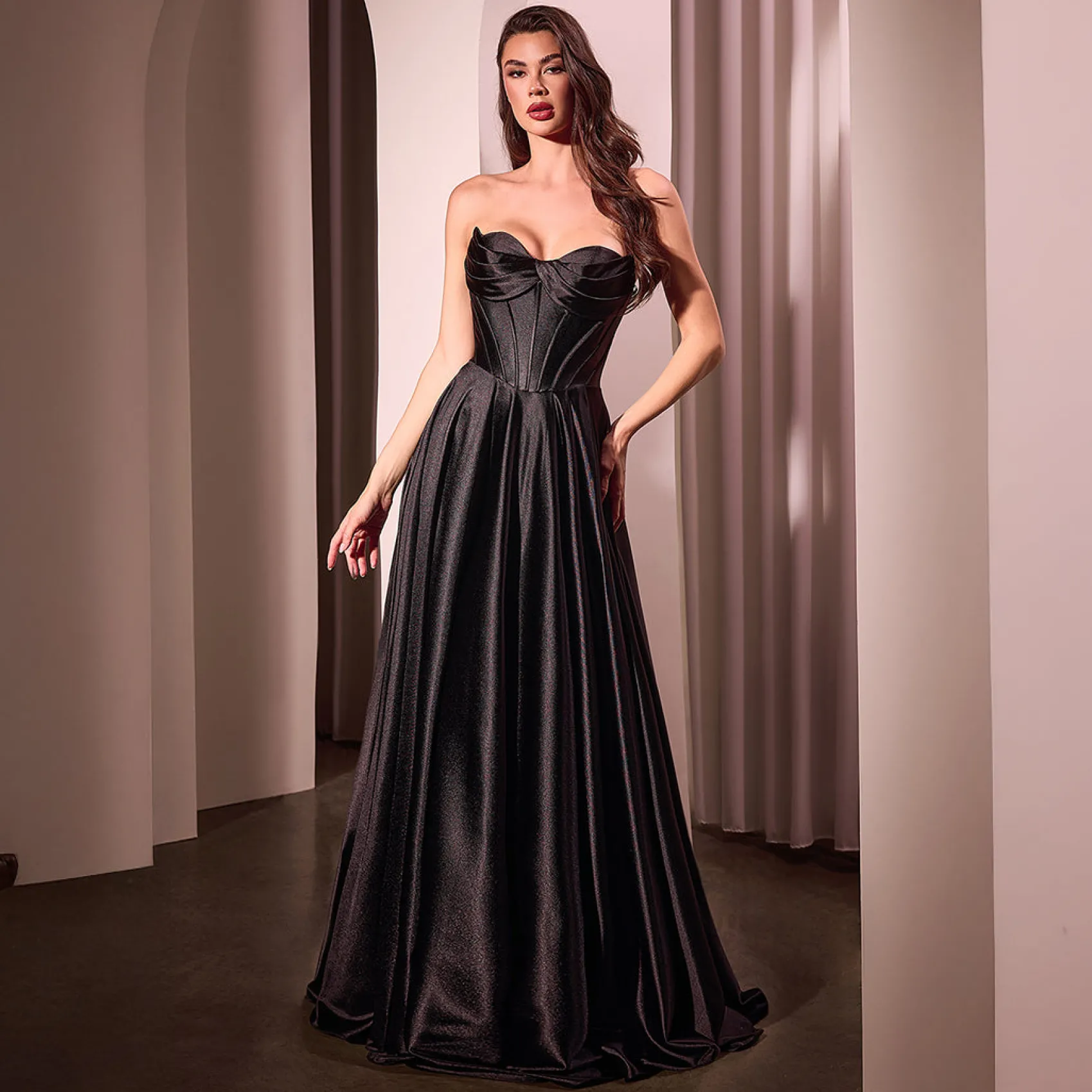 Unique Vintage Cinderella Divine Black Satin Strapless A-Line Slit Prom Dress Online