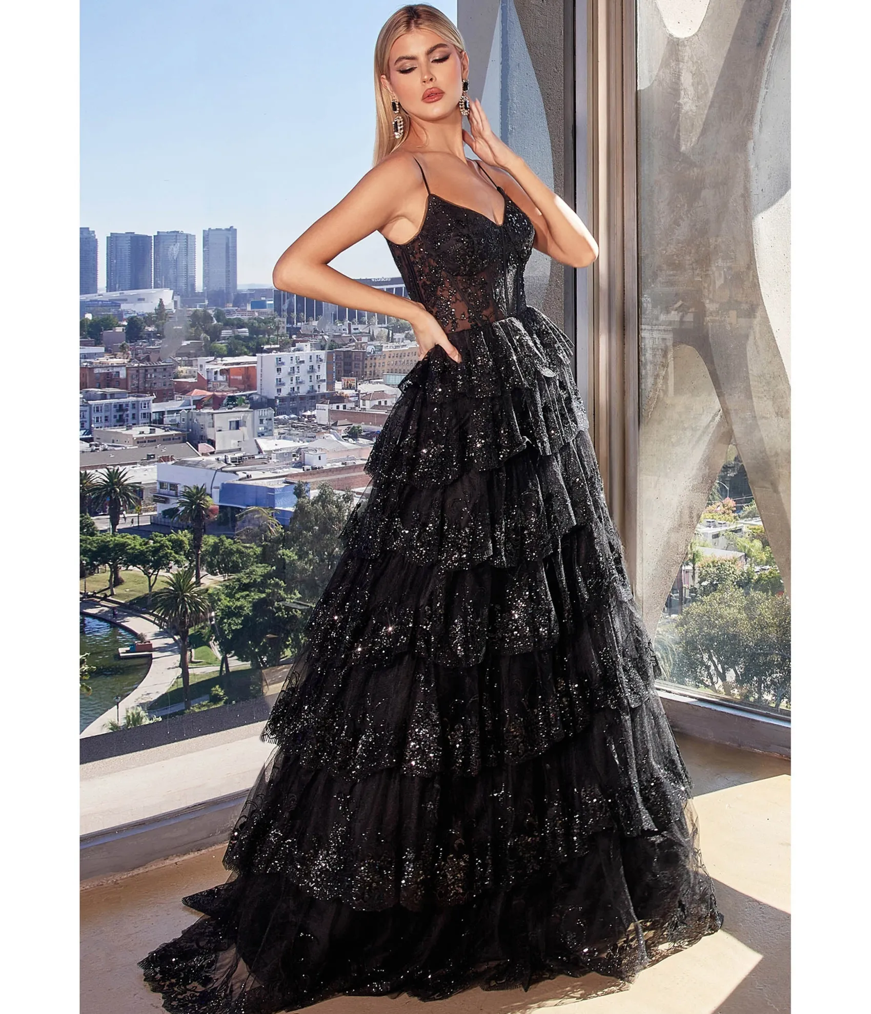 Unique Vintage Cinderella Divine Black Sparkle Tiered Prom Dress Hot