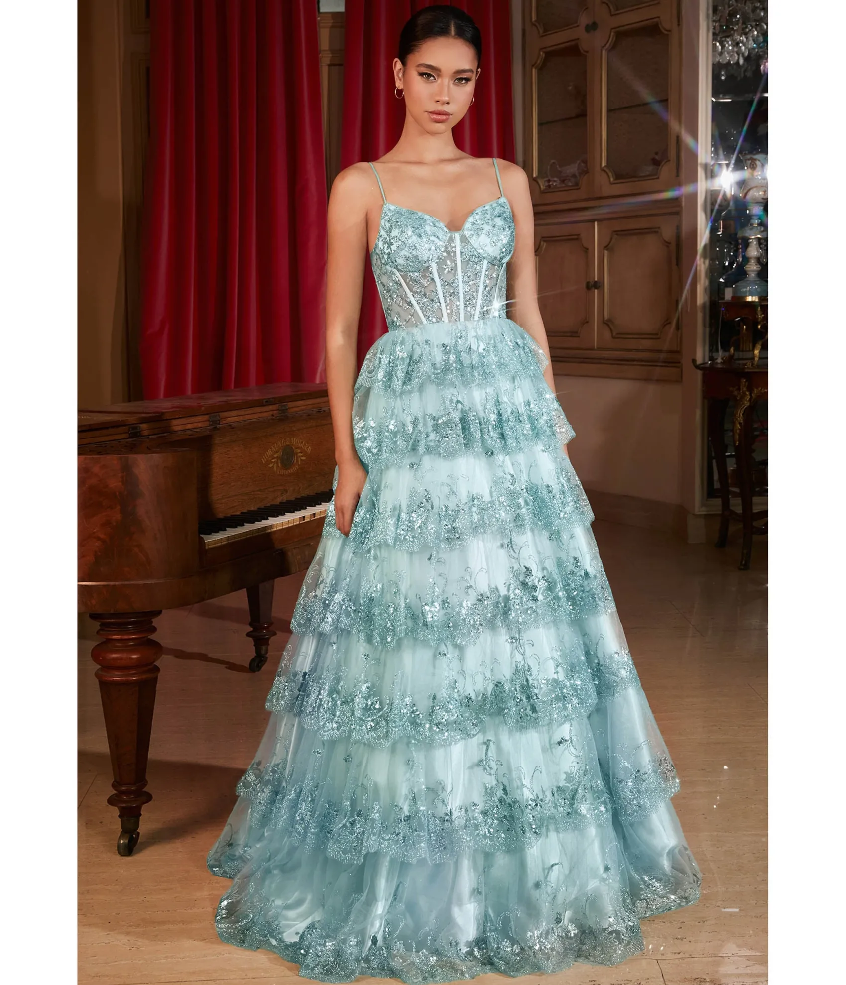 Unique Vintage Cinderella Divine Blue Sparkle Tiered Prom Dress Best