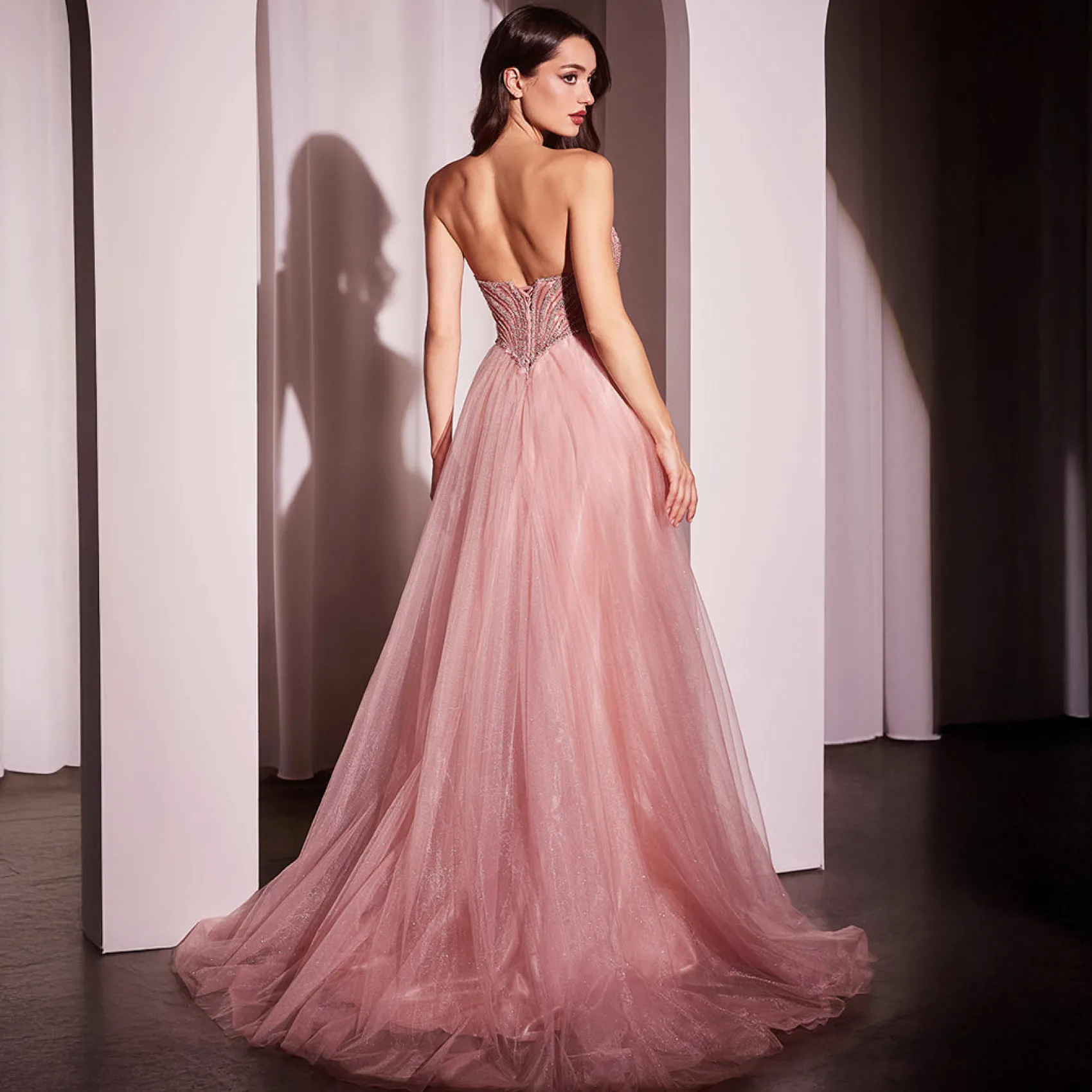 Unique Vintage Cinderella Divine Blush Beaded Strapless Tulle Prom Dress Shop