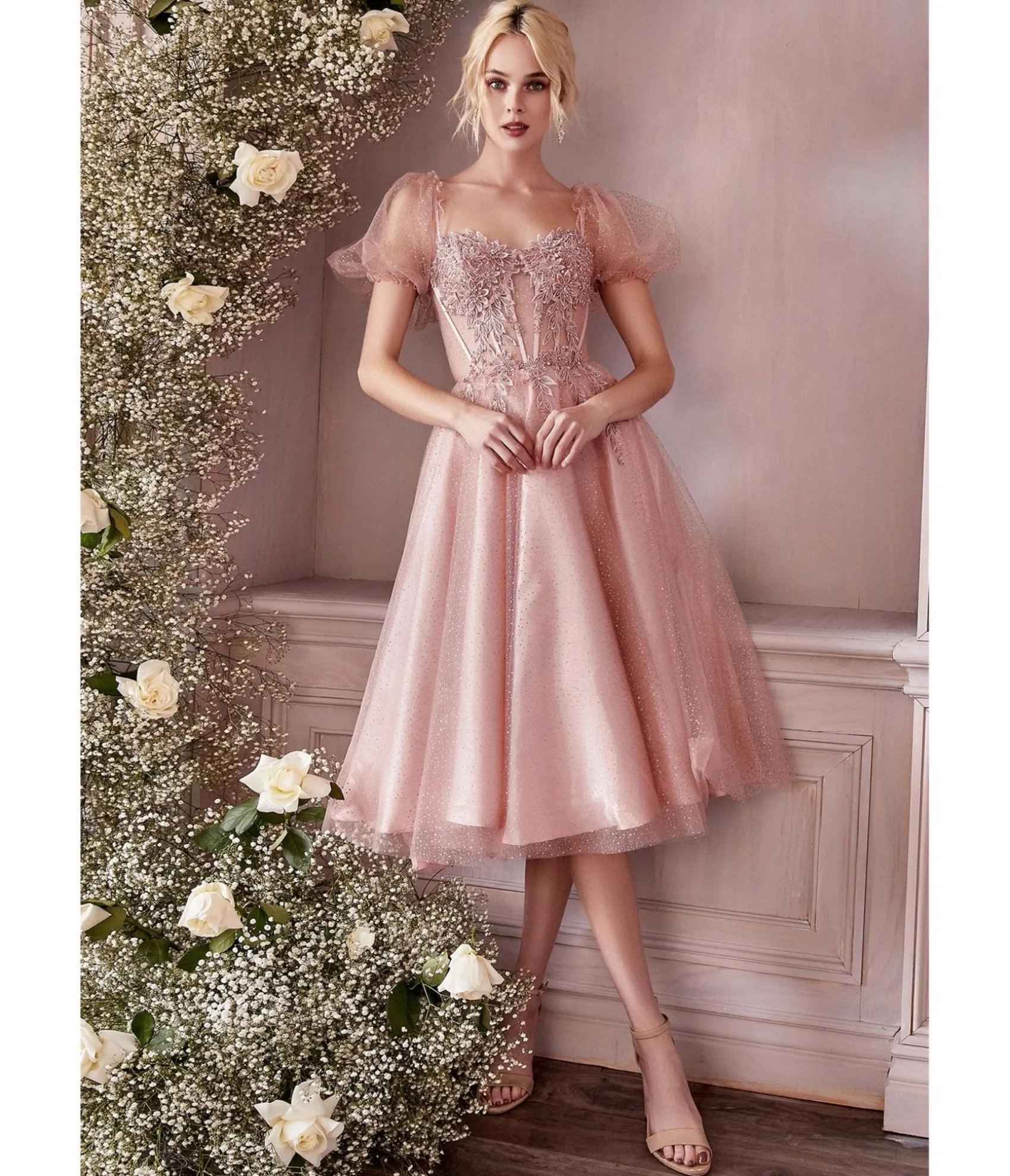 Unique Vintage Cinderella Divine Blush Pink Glitter Floral Swing Prom Dress Discount