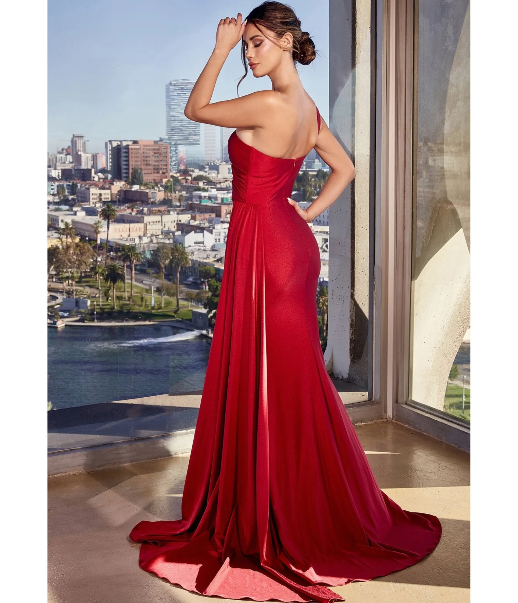 Unique Vintage Cinderella Divine Burgundy Fitted One Shoulder Satin Bridesmaid Dress Store