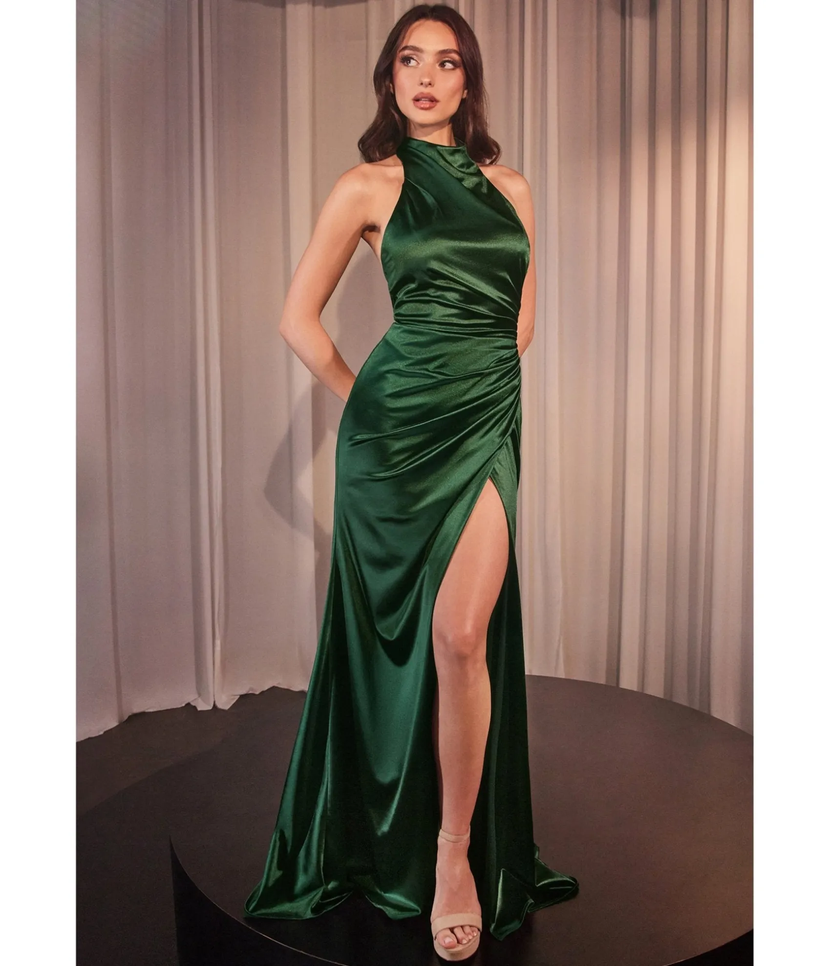 Unique Vintage Cinderella Divine Deep Emerald Fitted Satin Halter Bridesmaid Dress Store