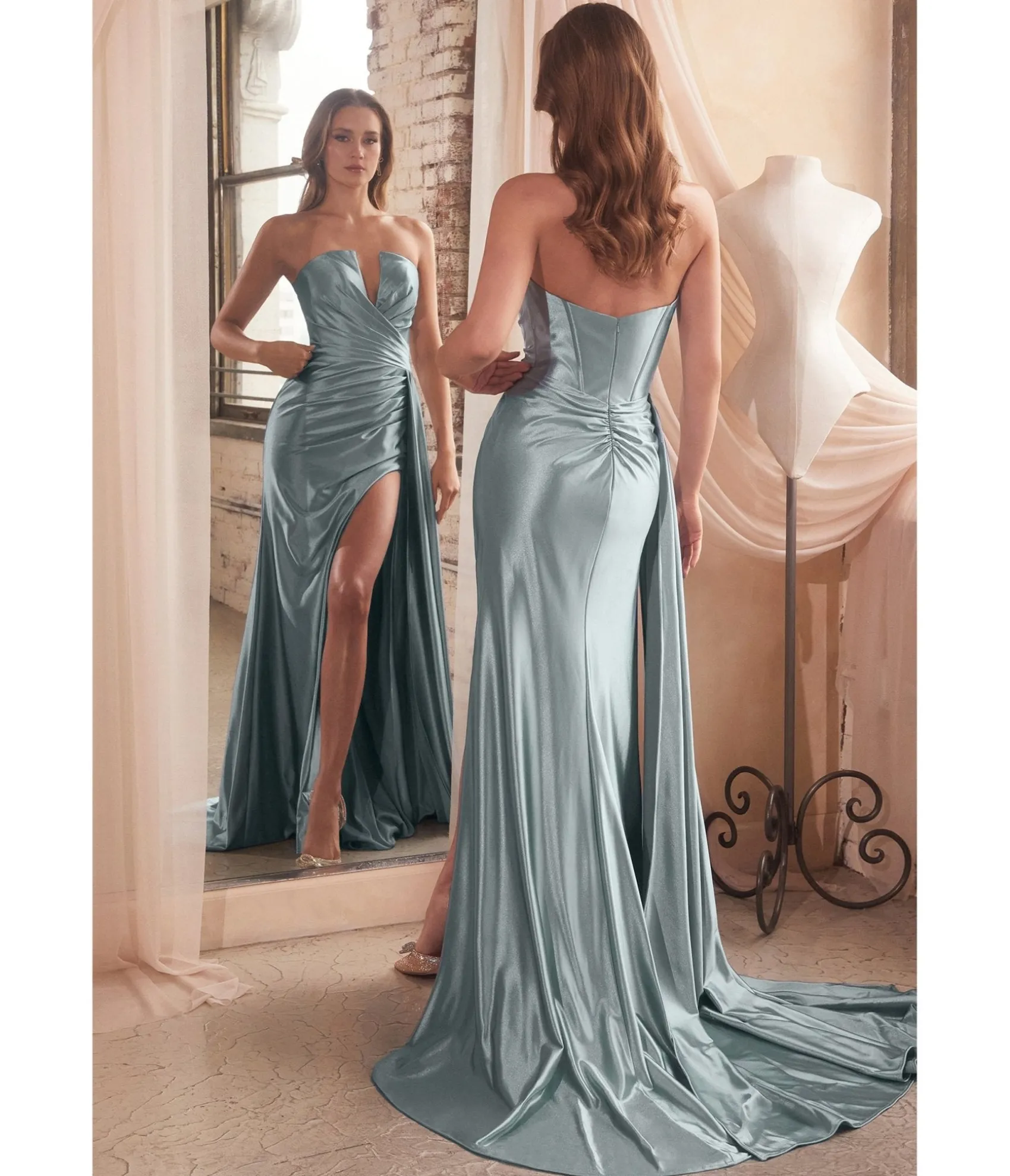 Unique Vintage Cinderella Divine Dusty Blue Strapless Satin Bridesmaid Dress Hot