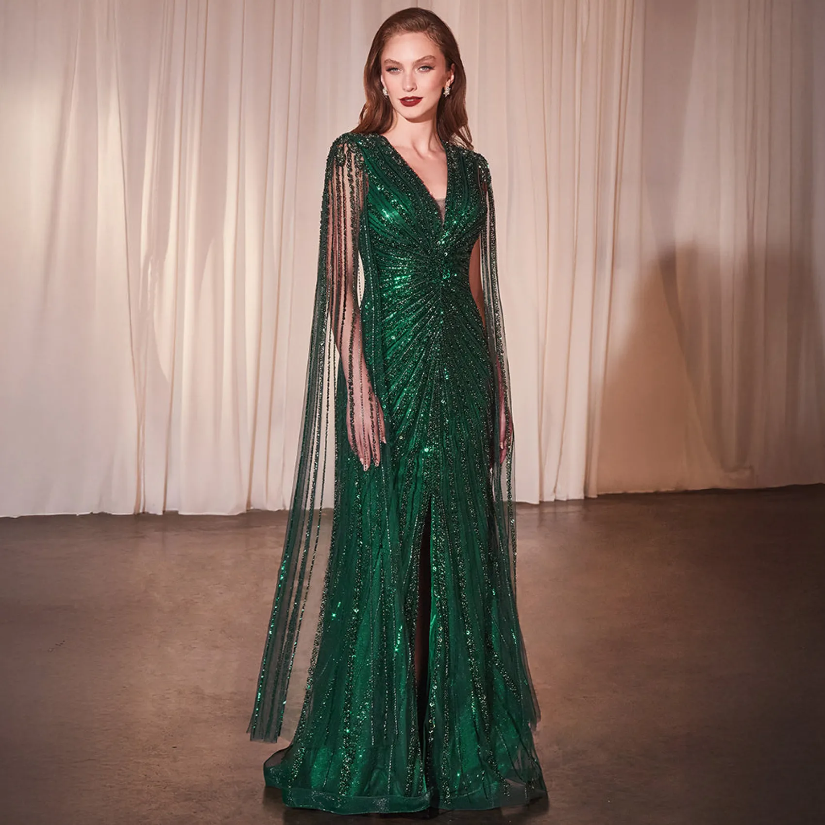 Unique Vintage Cinderella Divine Emerald Beaded Cape Sleeve Slit Prom Dress Best