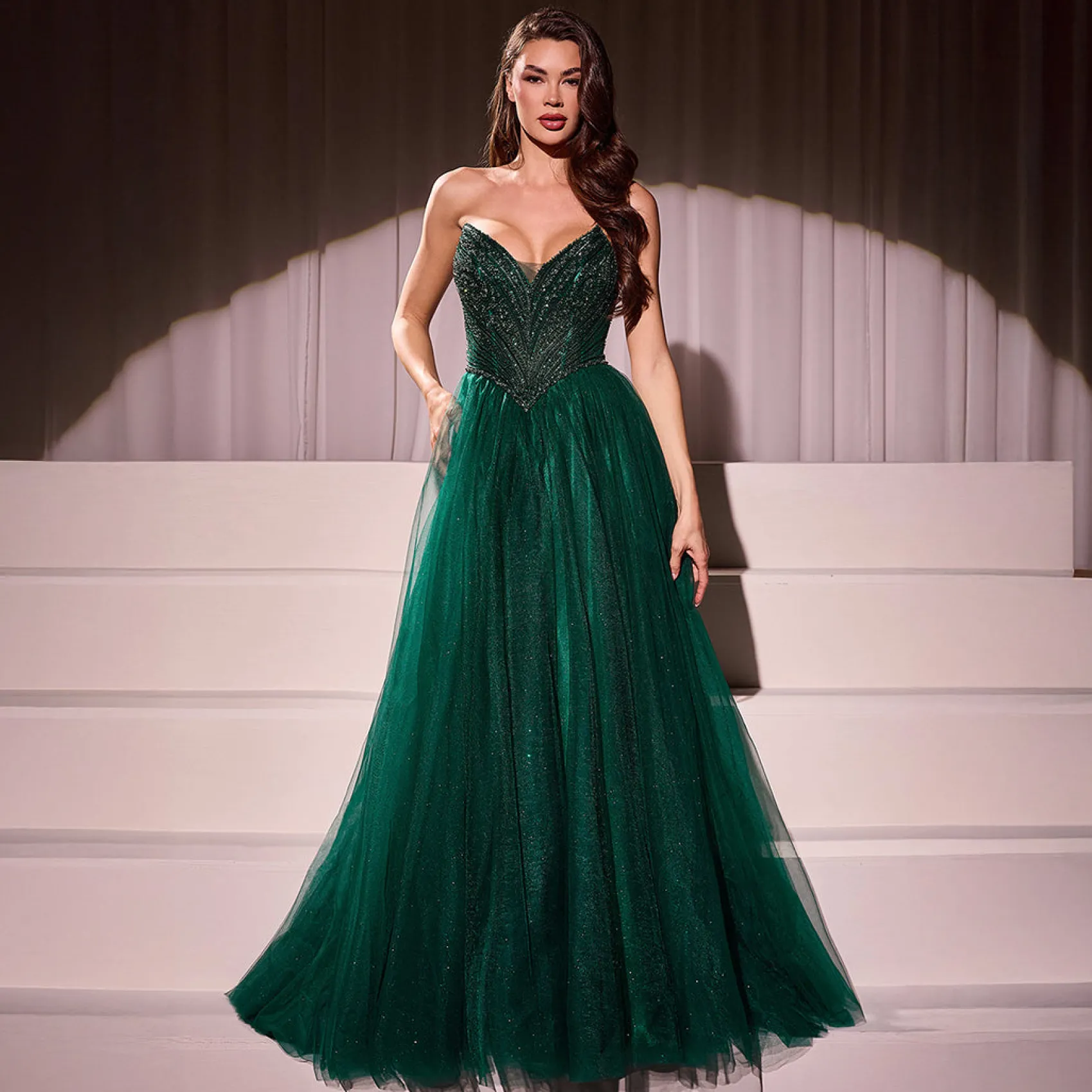 Unique Vintage Cinderella Divine Emerald Beaded Strapless Tulle Prom Dress Hot