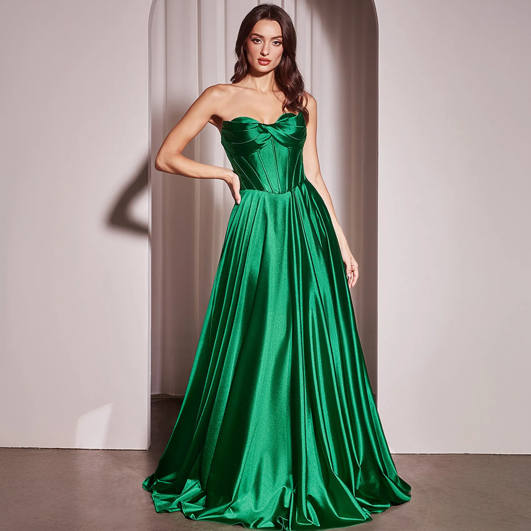 Unique Vintage Cinderella Divine Emerald Satin Strapless A-Line Slit Prom Dress Cheap